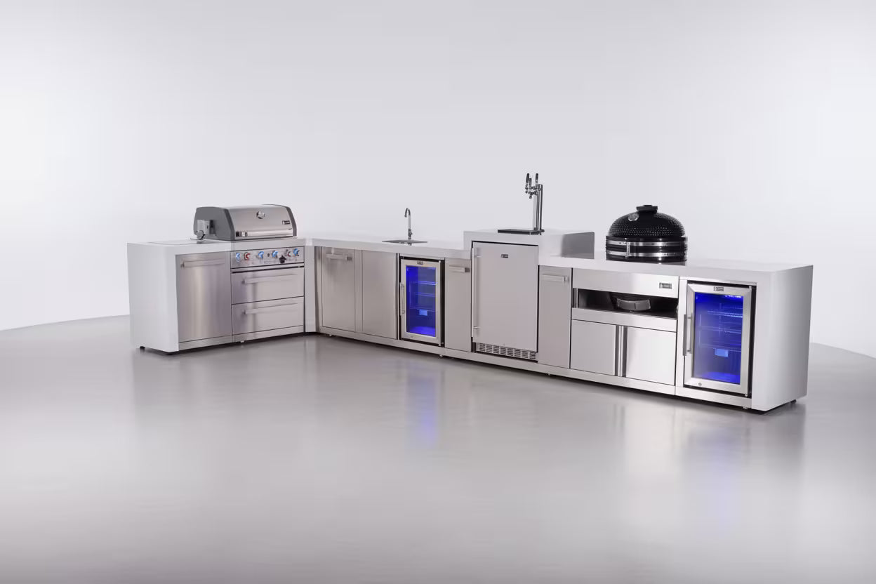 Mont Alpi 4-burner L-shaped deluxe series outdoor kitchen island with beverage center, kegerator, kamado and corner fridge module plus extra storage cabinet - Mont Alpi Canada