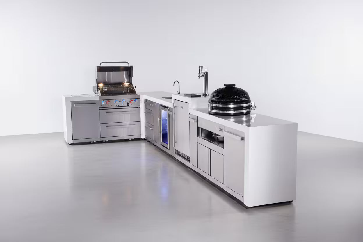 Mont Alpi 4-burner L-shaped deluxe series outdoor kitchen island with beverage center, kegerator, kamado module plus extra drawer slides cabinet - Mont Alpi Canada