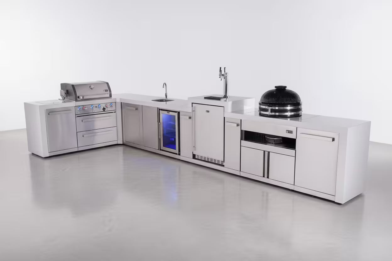Mont Alpi 4-burner L-shaped deluxe series outdoor kitchen island with beverage center, kegerator, kamado module plus extra storage cabinet - Mont Alpi Canada