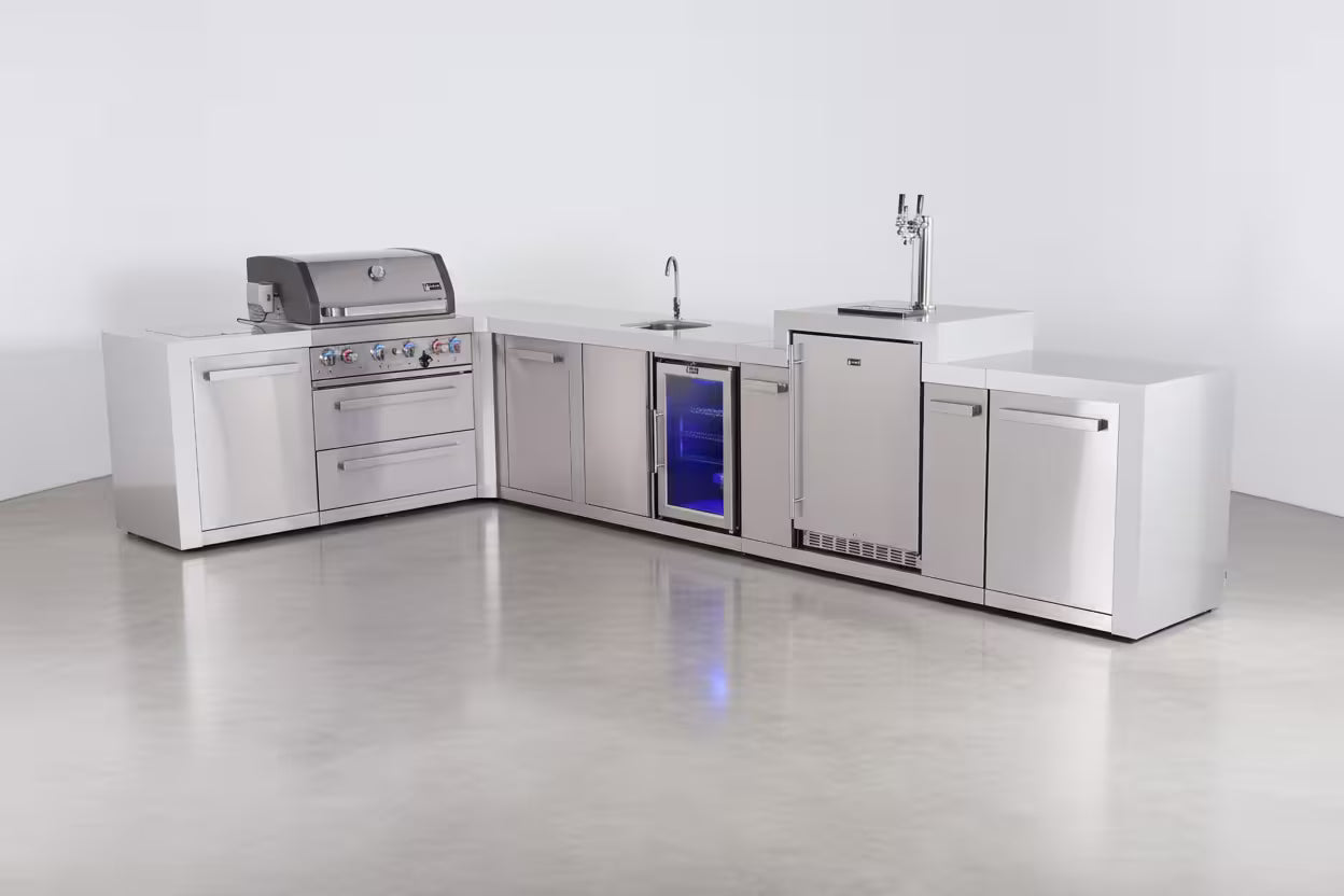 Modern outdoor kitchen with stainless steel appliances on a white background