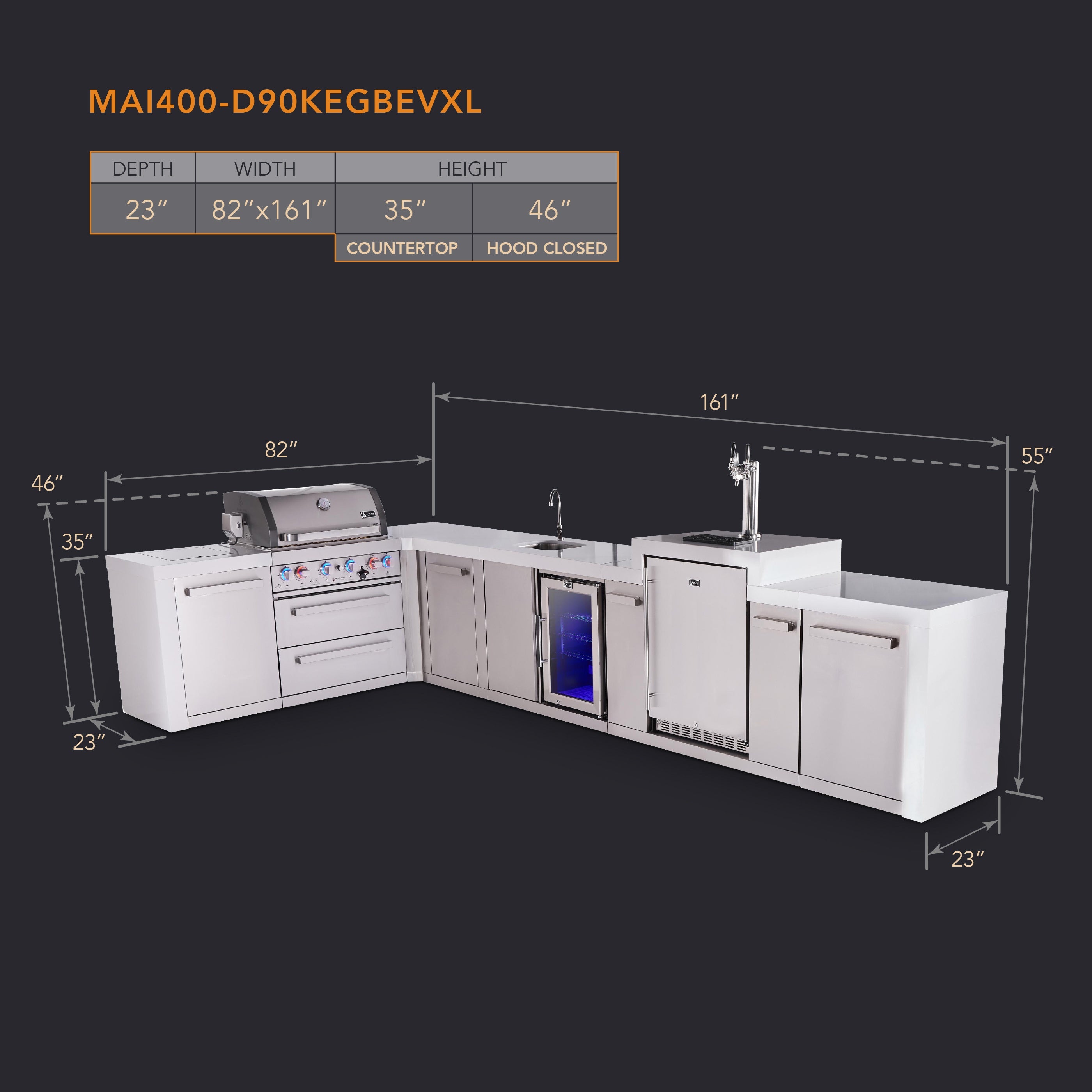 Mont Alpi 4-burner L-shaped deluxe series outdoor kitchen island with beverage center and kegerator module plus extra storage cabinet - Mont Alpi Canada