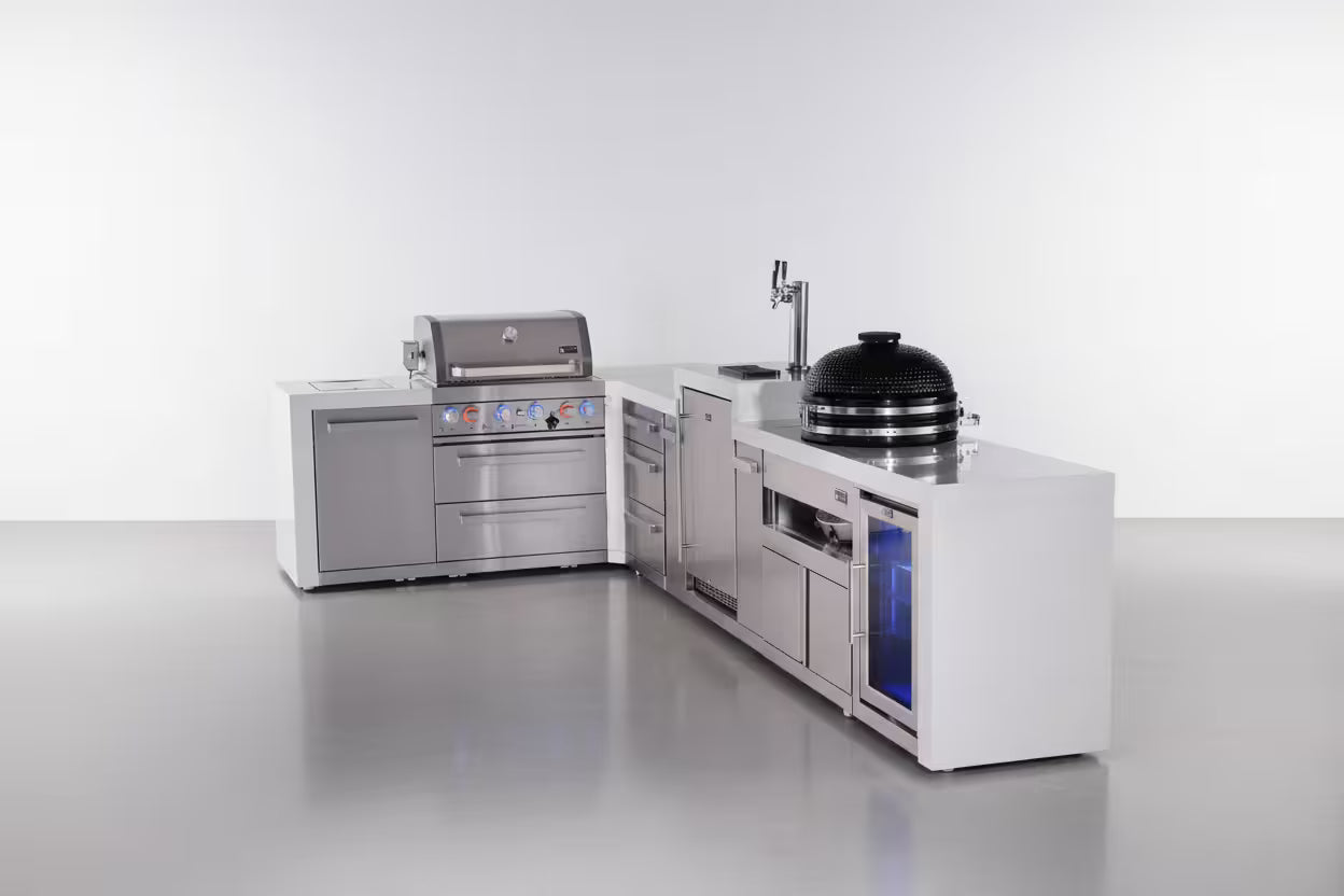 Mont Alpi 4-burner L-shaped deluxe series outdoor kitchen island with kegerator, kamado and corner fridge module plus extra drawers slide cabinet - Mont Alpi Canada