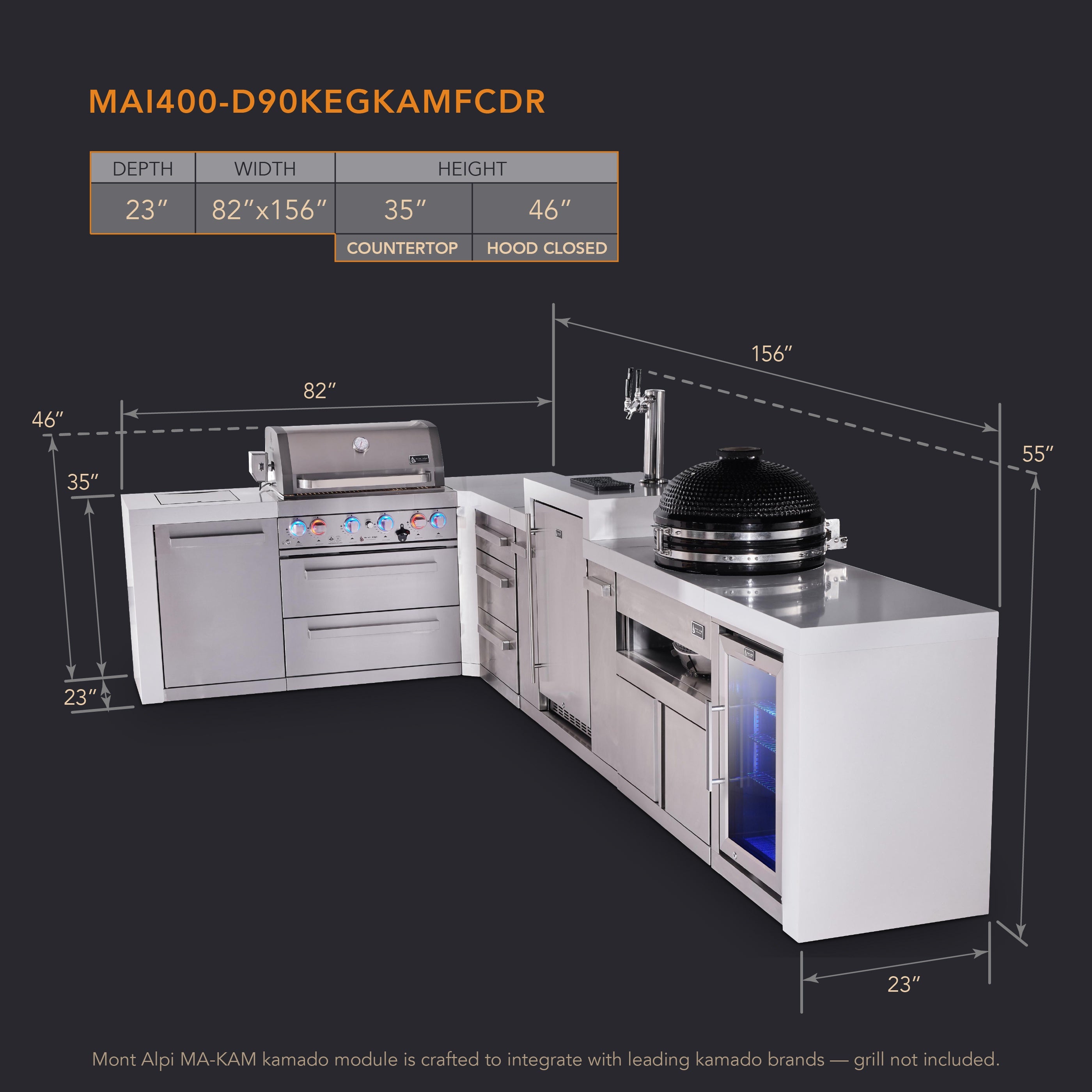 Mont Alpi 4-burner L-shaped deluxe series outdoor kitchen island with kegerator, kamado and corner fridge module plus extra drawers slide cabinet - Mont Alpi Canada