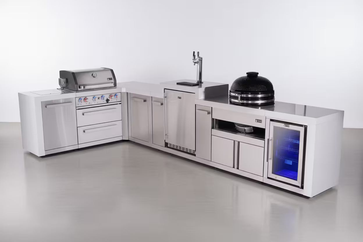 Modern outdoor kitchen island with stainless steel appliances on a white background