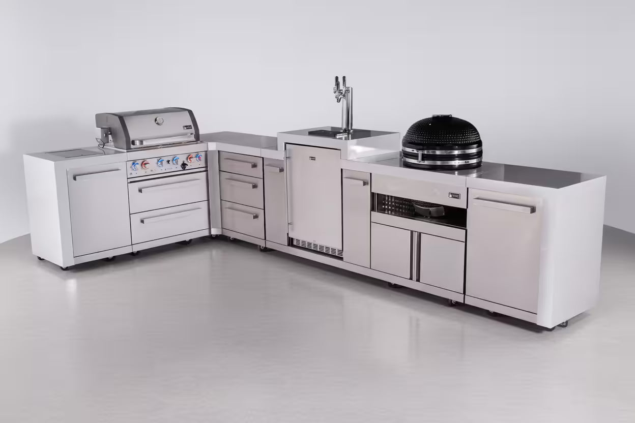 Mont Alpi 4-burner L-shaped deluxe series outdoor kitchen island with kegerator, kamado and extra drawers slide cabinet module - Mont Alpi Canada