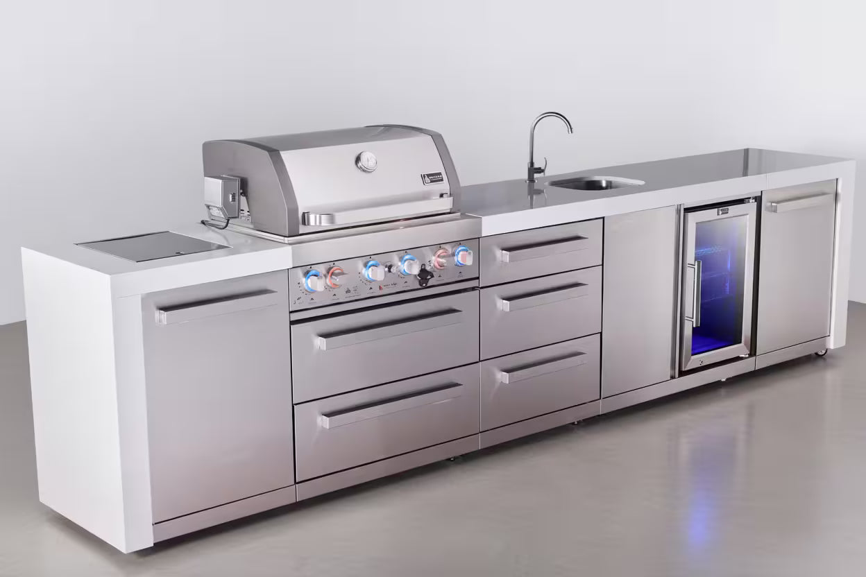 Mont Alpi 4-burner deluxe series outdoor kitchen island with beverage center and extra storage drawer slides module - Mont Alpi Canada