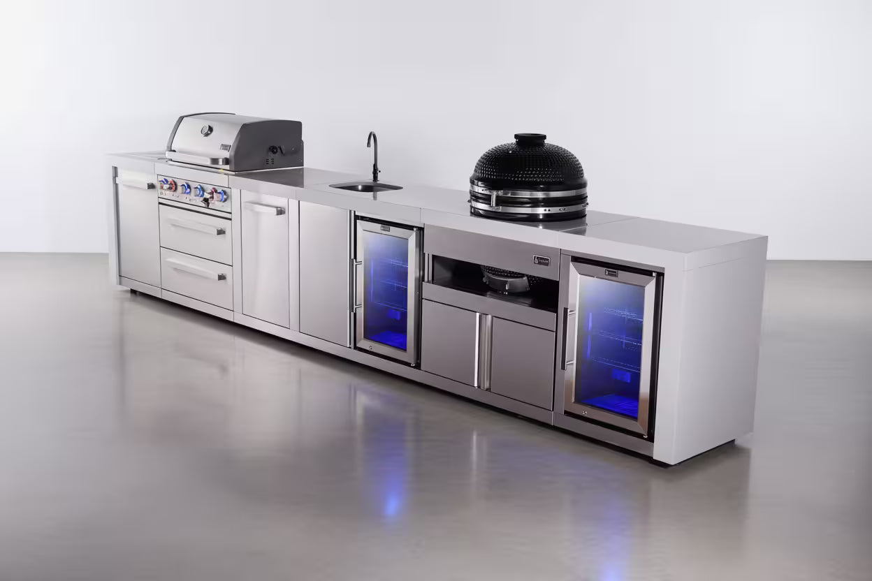 Mont Alpi 4-burner deluxe series outdoor kitchen island with beverage center, kamado and corner fridge module plus extra storage cabinet - Mont Alpi Canada