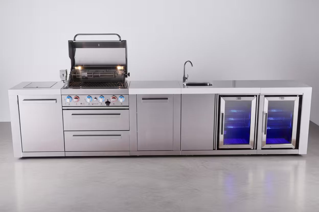 Mont Alpi 4-burner deluxe series outdoor kitchen island with beverage center and corner fridge module plus extra storage cabinet - Mont Alpi Canada