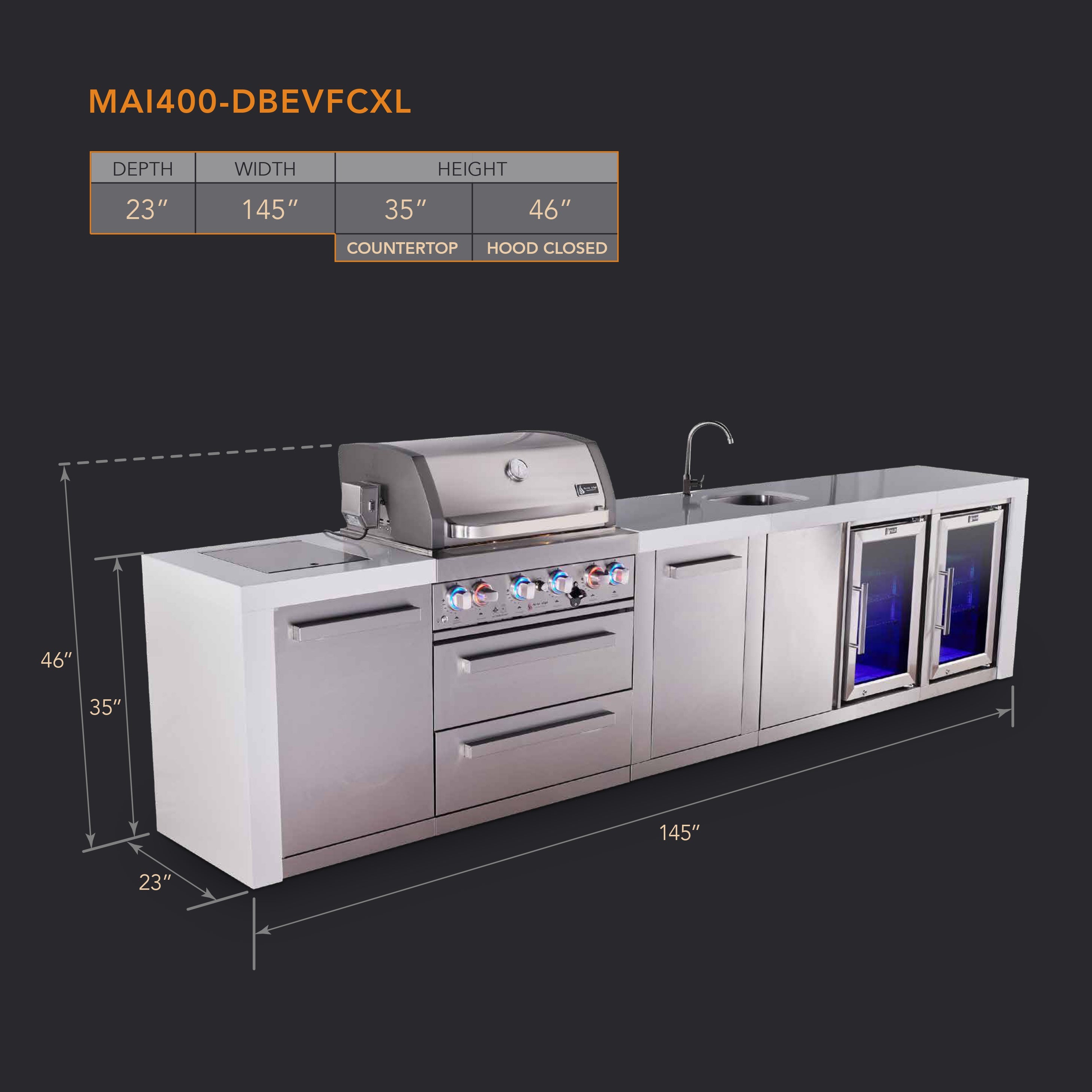 Mont Alpi 4-burner deluxe series outdoor kitchen island with beverage center and corner fridge module plus extra storage cabinet - Mont Alpi Canada