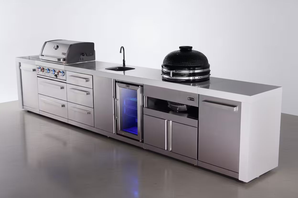 Mont Alpi 4-burner deluxe series outdoor kitchen island with beverage center and kamado grill module plus extra storage drawer slides - Mont Alpi Canada