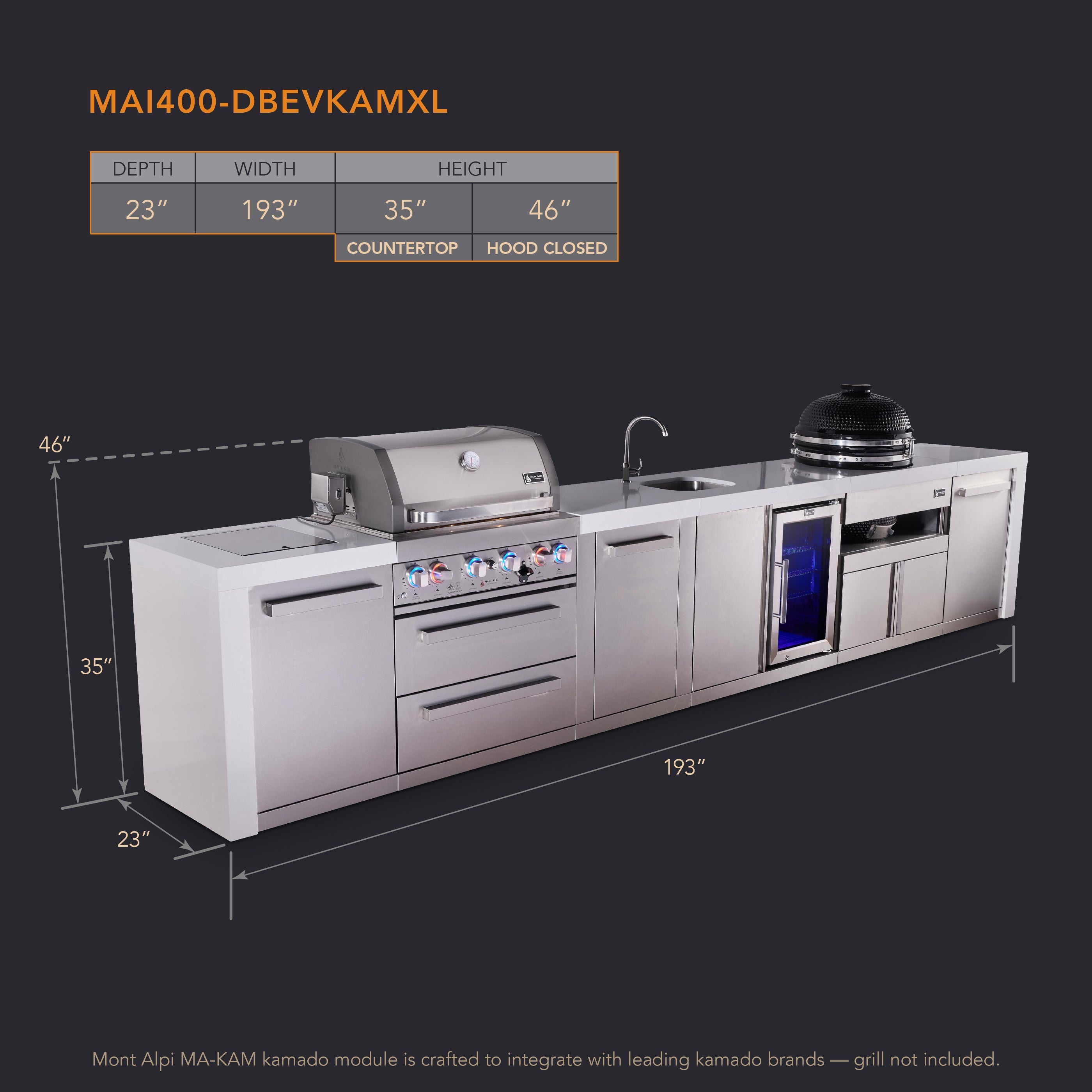 Mont Alpi 4-burner deluxe series outdoor kitchen island with beverage center and kamado module plus extra storage cabinet - Mont Alpi Canada