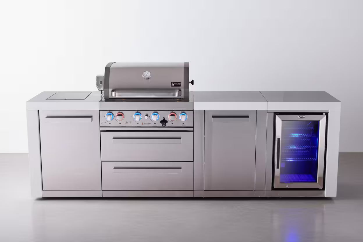 Mont Alpi 4-burner deluxe series outdoor kitchen island with fridge and extra storage cabinet module - Mont Alpi Canada