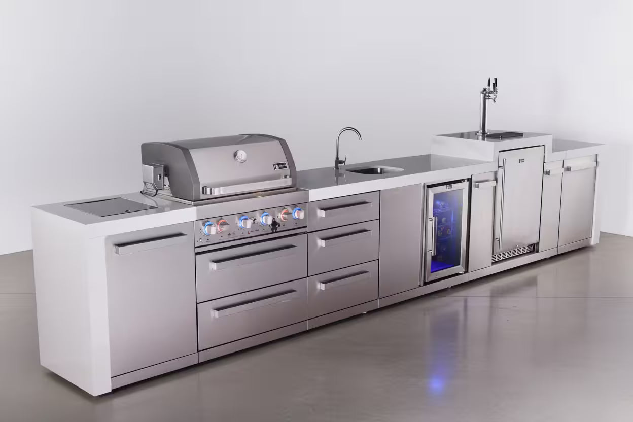Mont Alpi 4-burner deluxe series outdoor kitchen island with beverage center and kegerator module plus extra storage drawer slides - Mont Alpi Canada