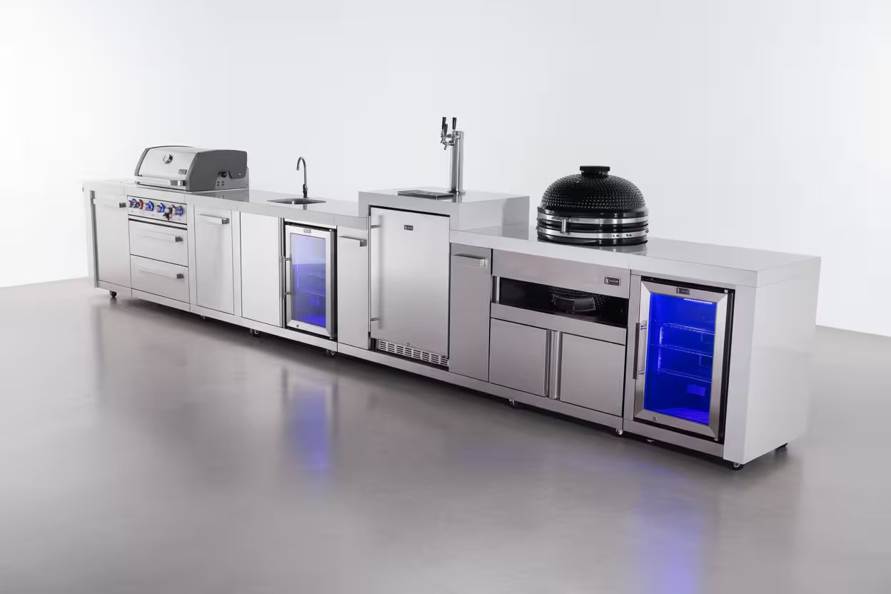 Mont Alpi 4-burner deluxe series outdoor kitchen island with beverage center, kegerator kamado and kamado grill  and corner fridge module plus extra storage cabinet - Mont Alpi Canada