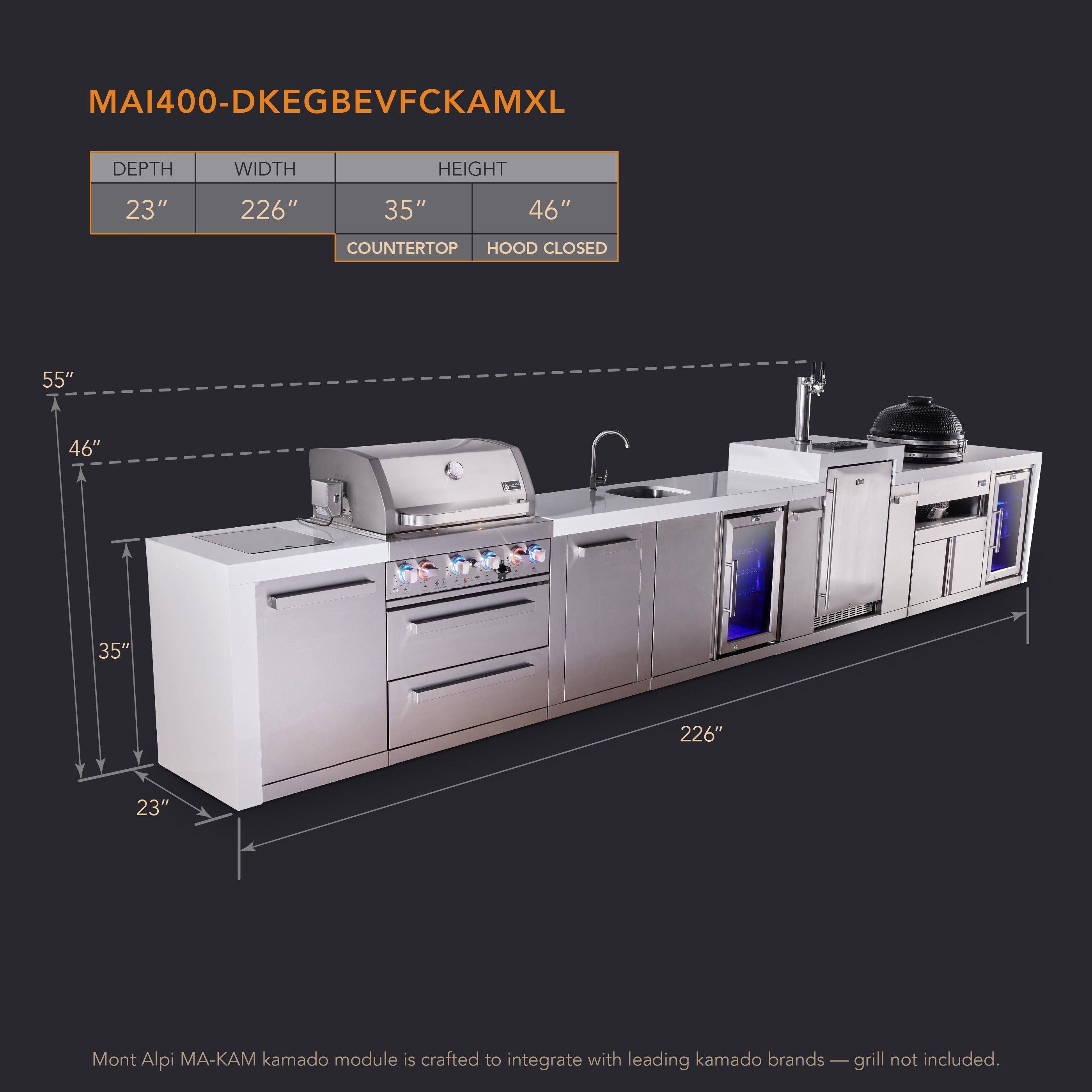 Mont Alpi 4-burner deluxe series outdoor kitchen island with beverage center, kegerator kamado and kamado grill  and corner fridge module plus extra storage cabinet - Mont Alpi Canada