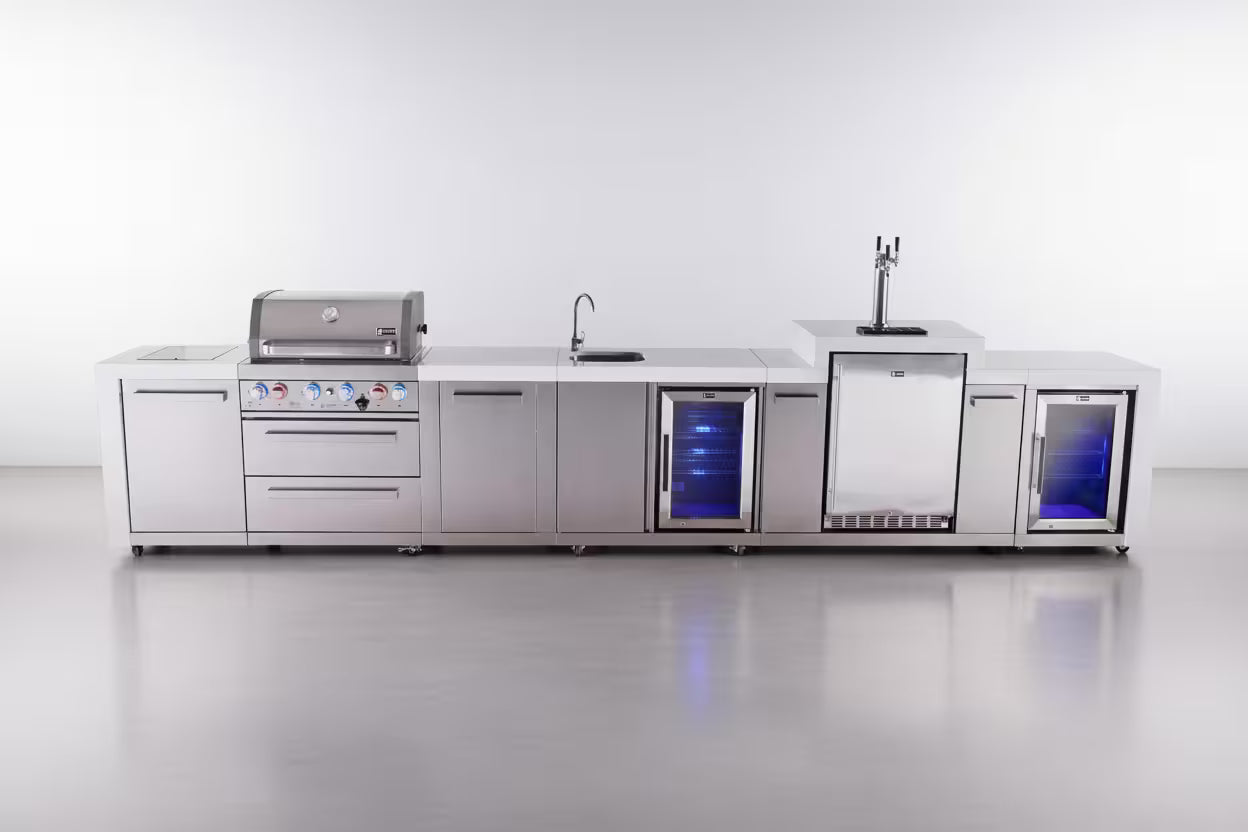 Mont Alpi 4-burner deluxe series outdoor kitchen island with beverage center, kegerator and corner fridge module plus extra storage cabinet - Mont Alpi Canada