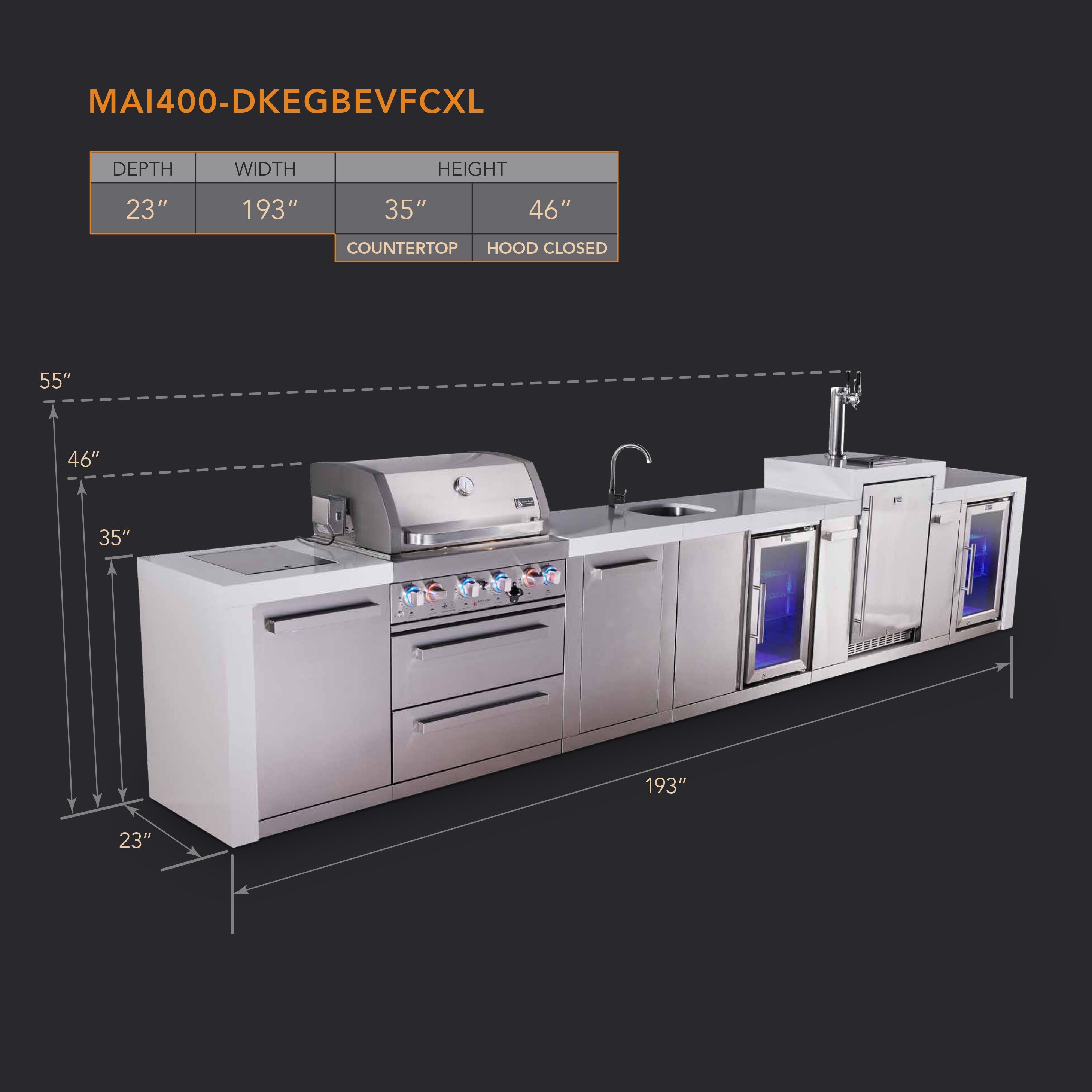 Mont Alpi 4-burner deluxe series outdoor kitchen island with beverage center, kegerator and corner fridge module plus extra storage cabinet - Mont Alpi Canada