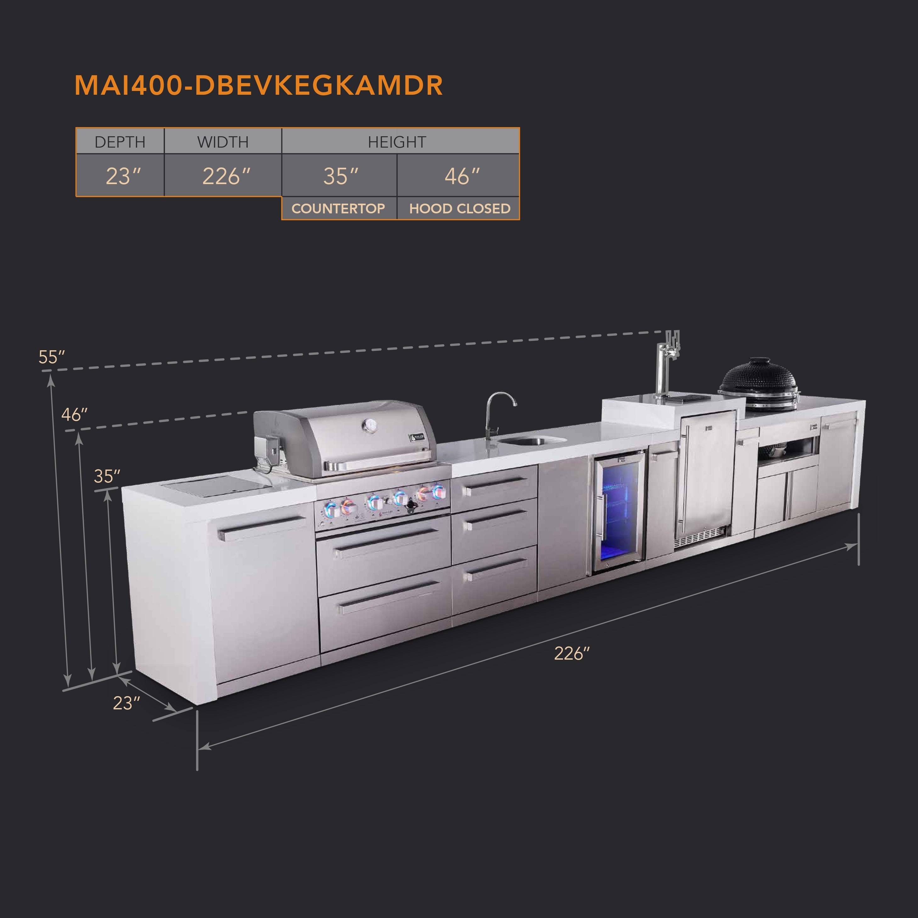 Mont Alpi 4-burner deluxe series outdoor kitchen island with beverage center, kegerator and kamado grill module plus extra storage drawer slides - Mont Alpi Canada