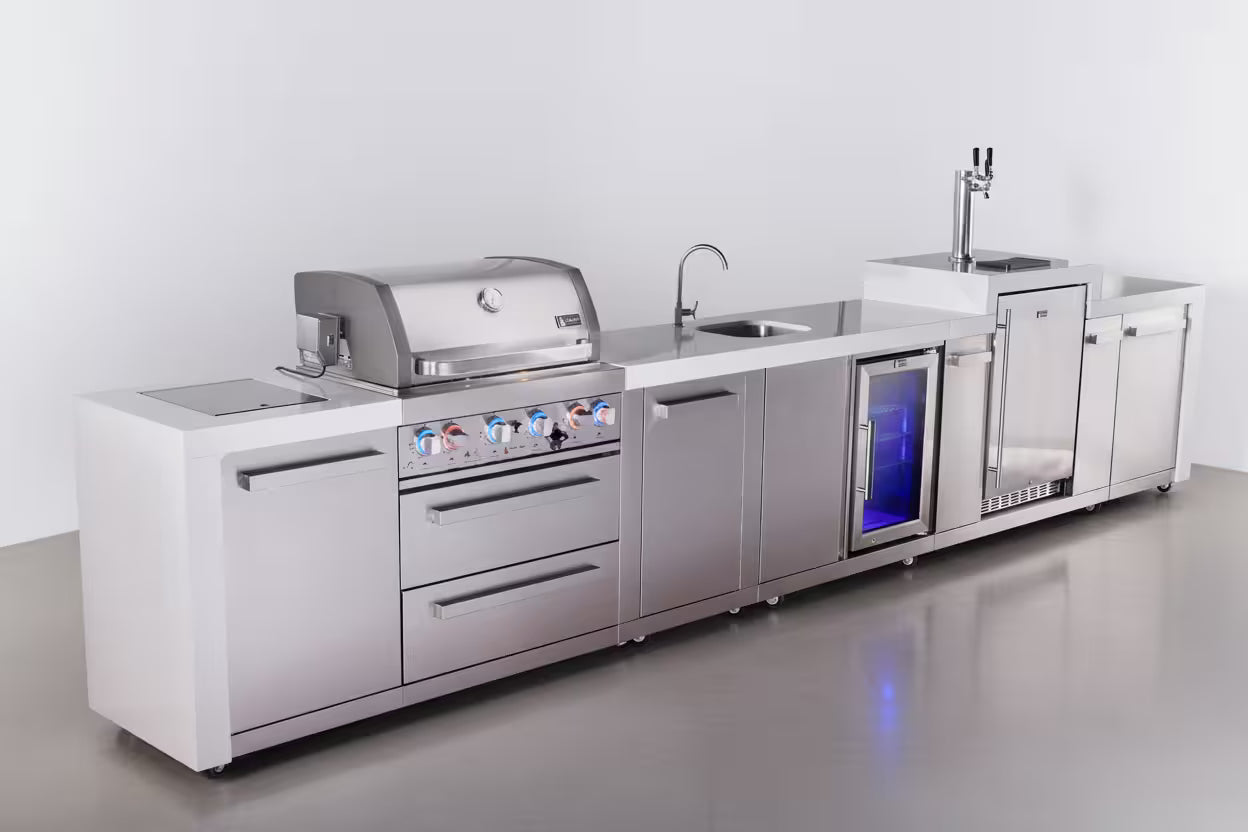 Mont Alpi 4-burner deluxe series outdoor kitchen island with beverage center and kegerator module plusextra storage cabinet - Mont Alpi Canada