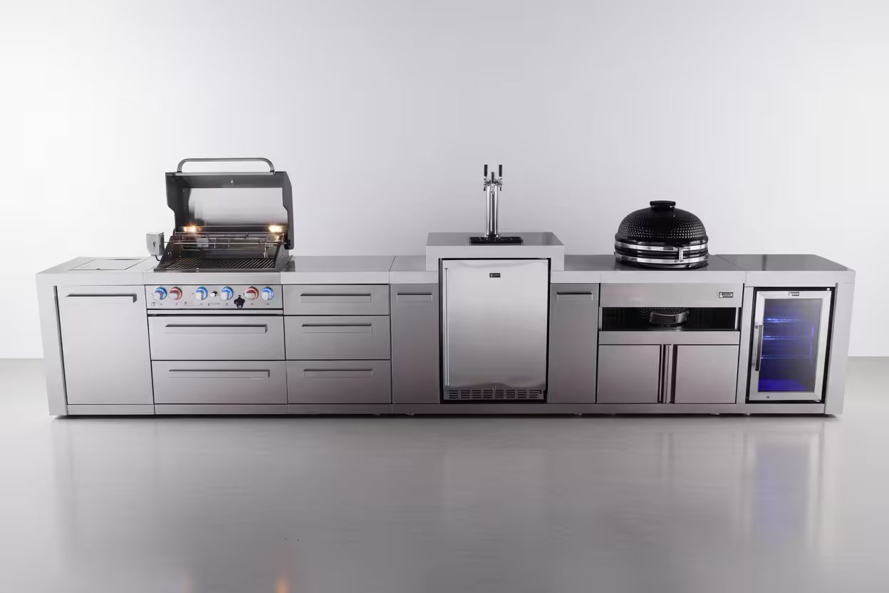 Mont Alpi 4-burner deluxe series outdoor kitchen island with kegerator, kamado and corner fridge module plus extra drawers slide cabinet - Mont Alpi Canada
