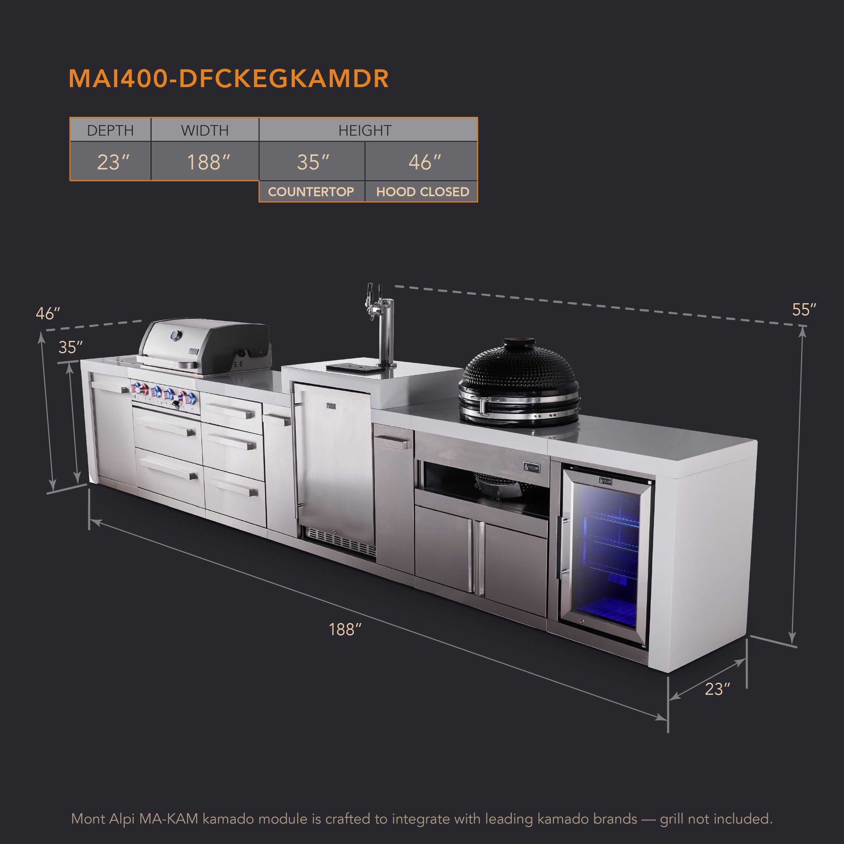 Mont Alpi 4-burner deluxe series outdoor kitchen island with kegerator, kamado and corner fridge module plus extra drawers slide cabinet - Mont Alpi Canada