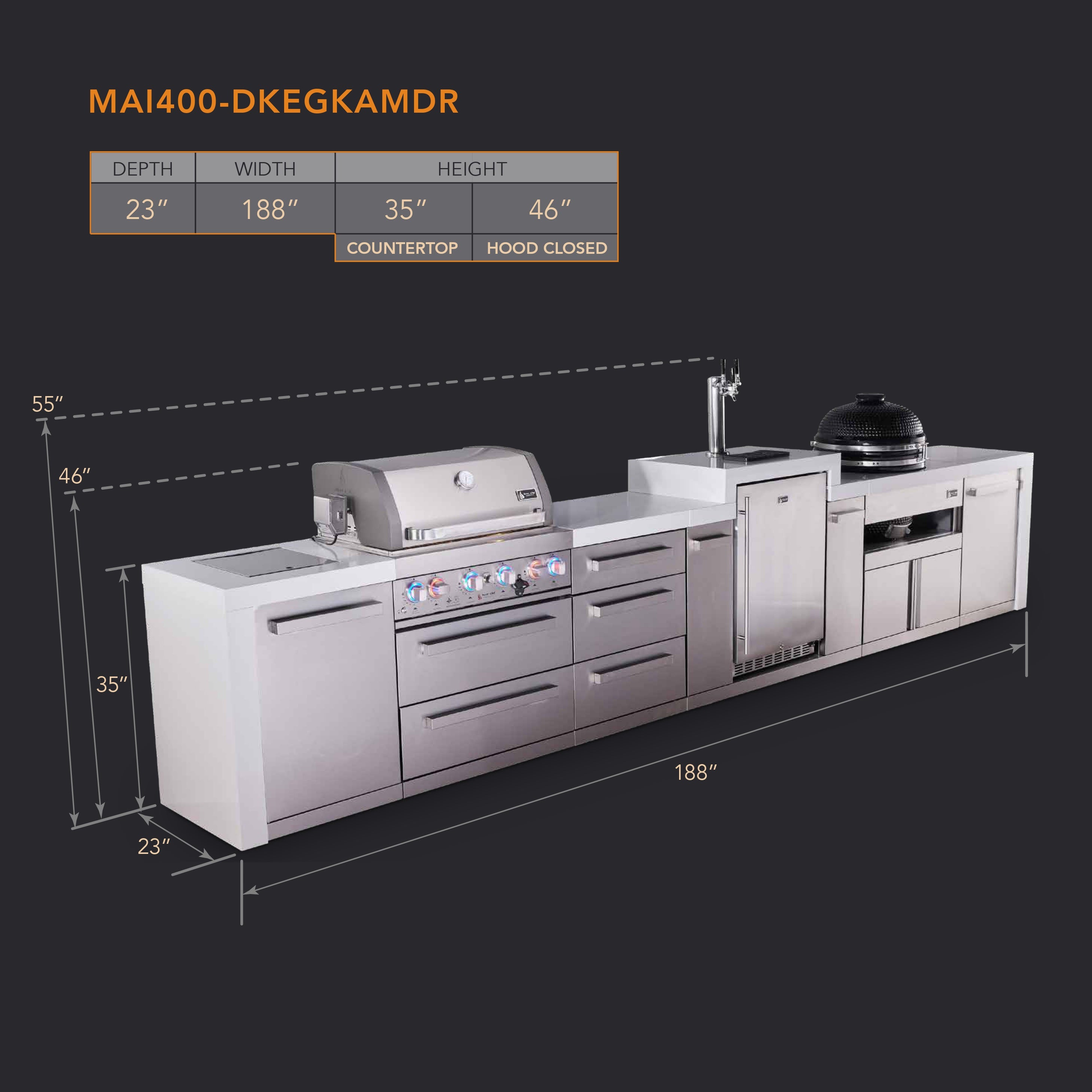 Mont Alpi 4-burner deluxe series outdoor kitchen island with kegerator and kamado grill module plus extra storage drawer slides - Mont Alpi Canada