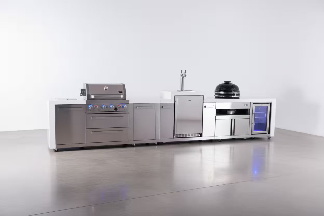 Mont Alpi 4-burner deluxe series outdoor kitchen island with kegerator, kamado module and corner fridge module plus extra storage cabinet - Mont Alpi Canada