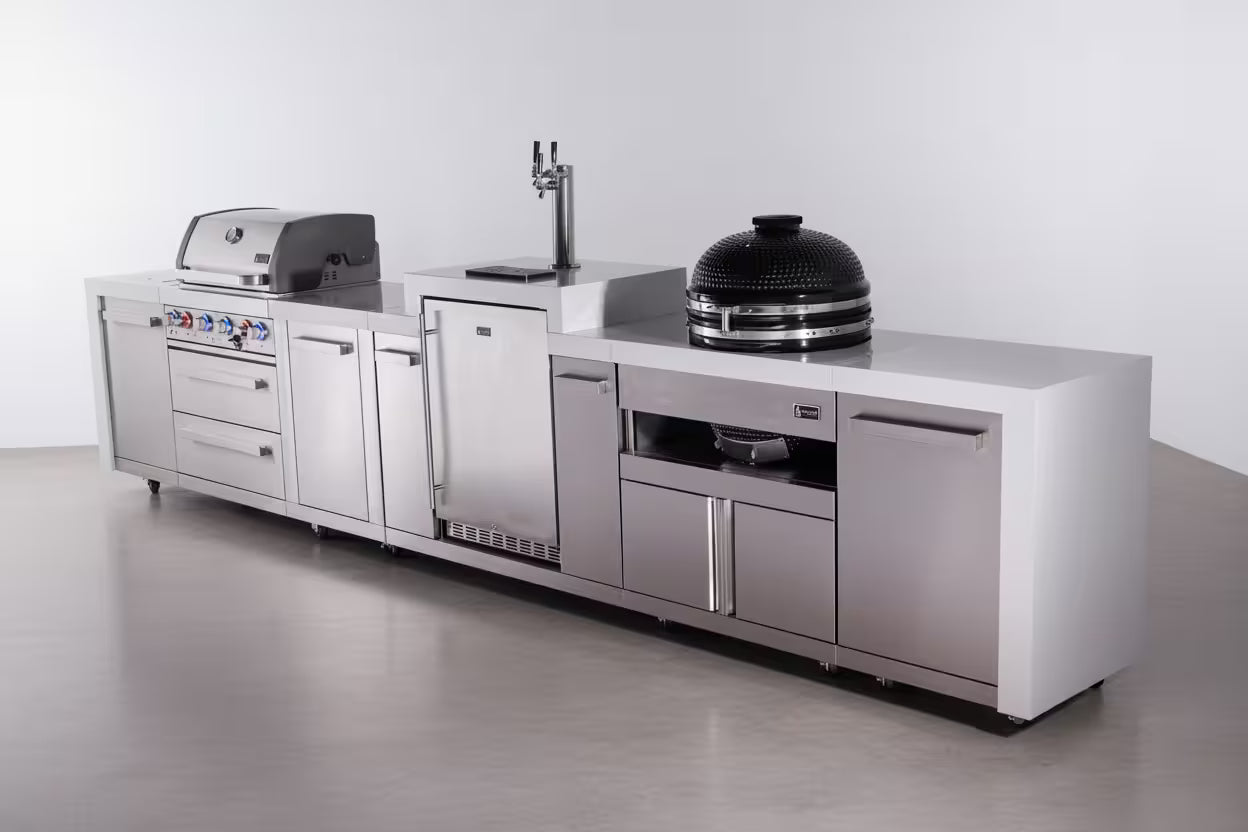 Mont Alpi 4-burner deluxe series outdoor kitchen island with kegerator and kamado module plus extra storage cabinet - Mont Alpi Canada
