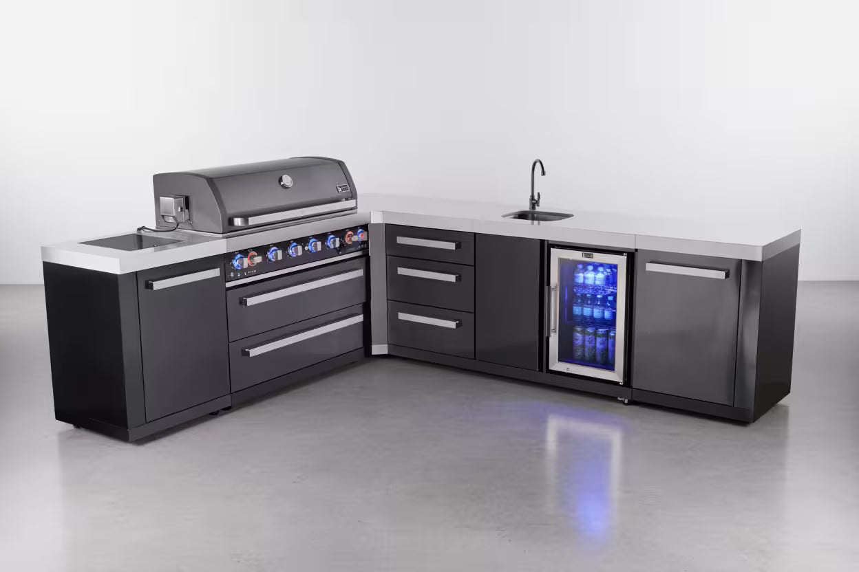 Mont Alpi 6-burner L-shaped black series outdoor kitchen island with beverage center and extra drawer slides cabinet module - Mont Alpi Canada