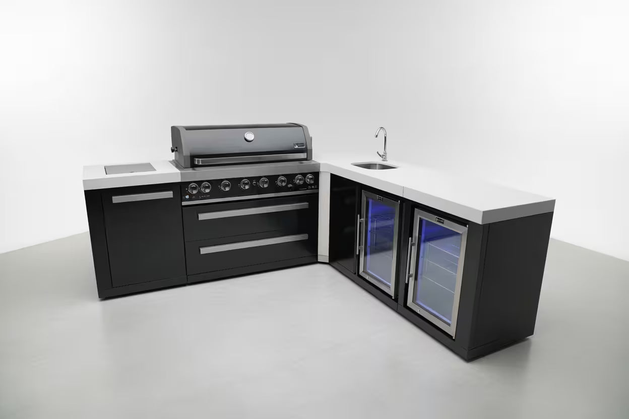 Mont Alpi 805 Black Stainless Steel Island with a 90 Degree Corner, Beverage center and Fridge Cabinet - Mont Alpi Canada