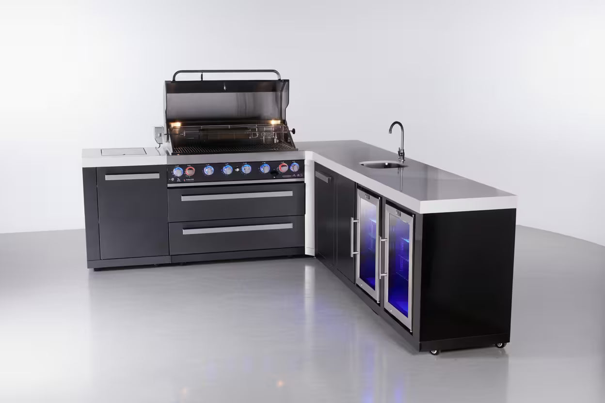 Mont Alpi 6-burner L-shaped black series outdoor kitchen island with beverage center and corner fridge module plus extra storage cabinet - Mont Alpi Canada