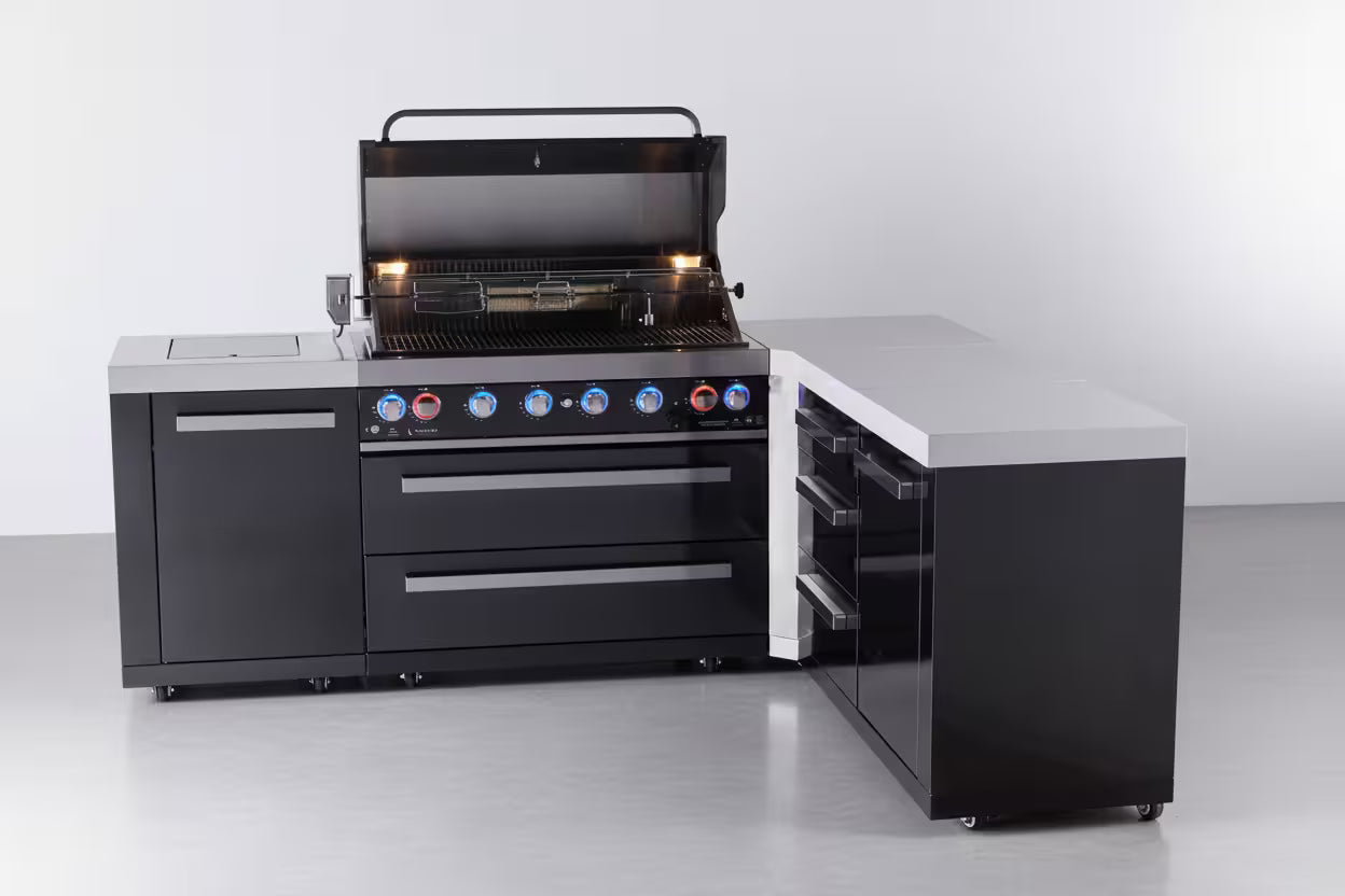 Mont Alpi 6-burner L-shaped black series outdoor kitchen island with extra drawer slides cabinet module - Mont Alpi Canada