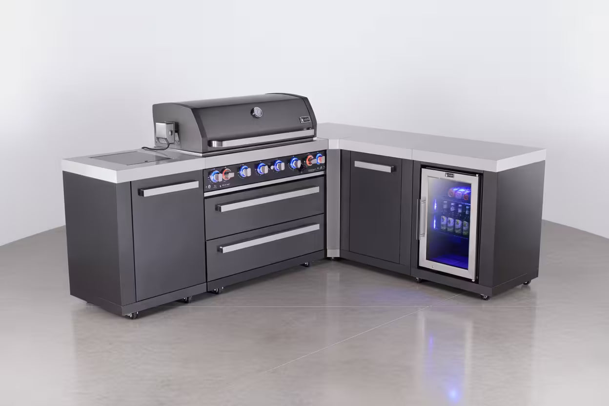 Mont Alpi 6-burner L-shaped black series outdoor kitchen island with extra storage cabinet and corner fridge module - Mont Alpi Canada