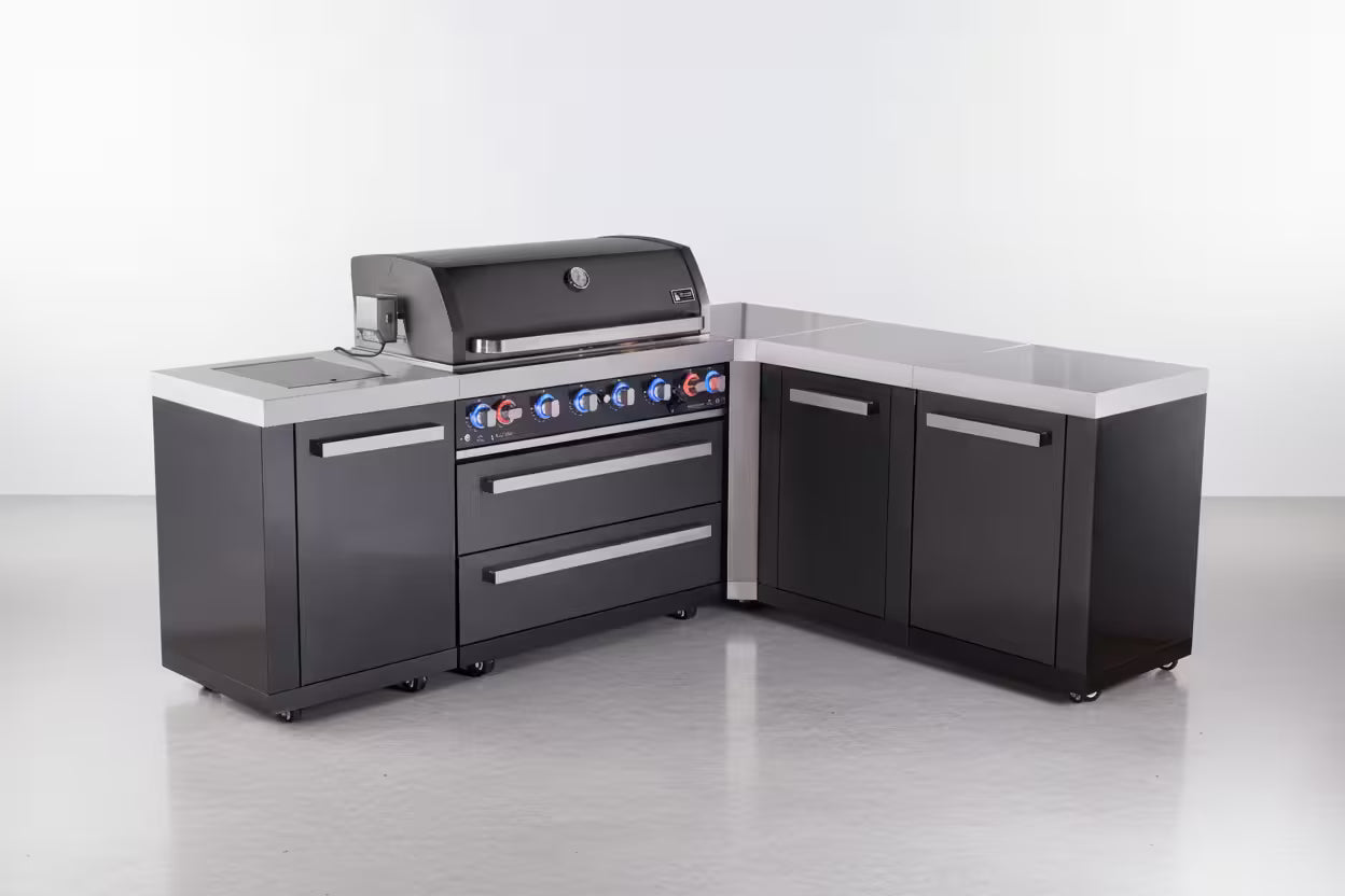 Mont Alpi 6-burner L-shaped black series outdoor kitchen island with extra storage cabinet module - Mont Alpi Canada