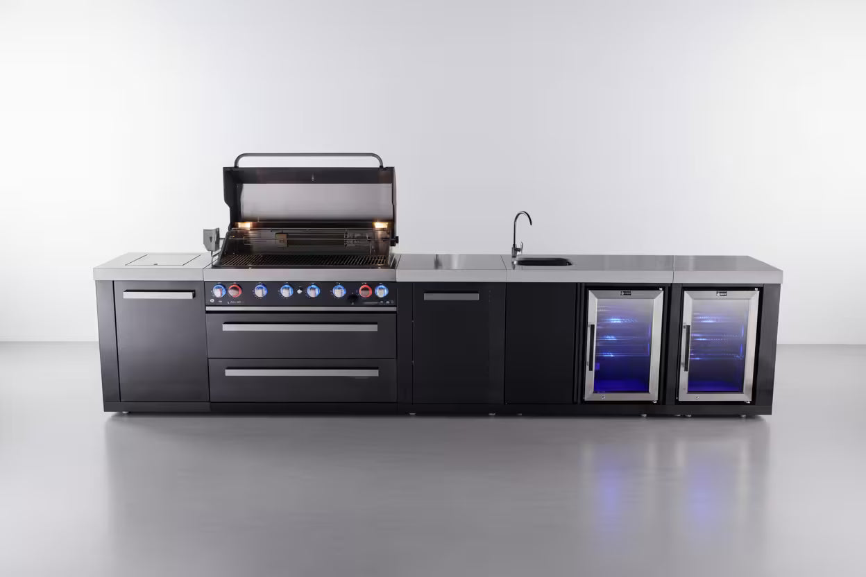 Mont Alpi 6-burner black series outdoor kitchen island with beverage center and corner fridge module plus extra storage cabinet - Mont Alpi Canada