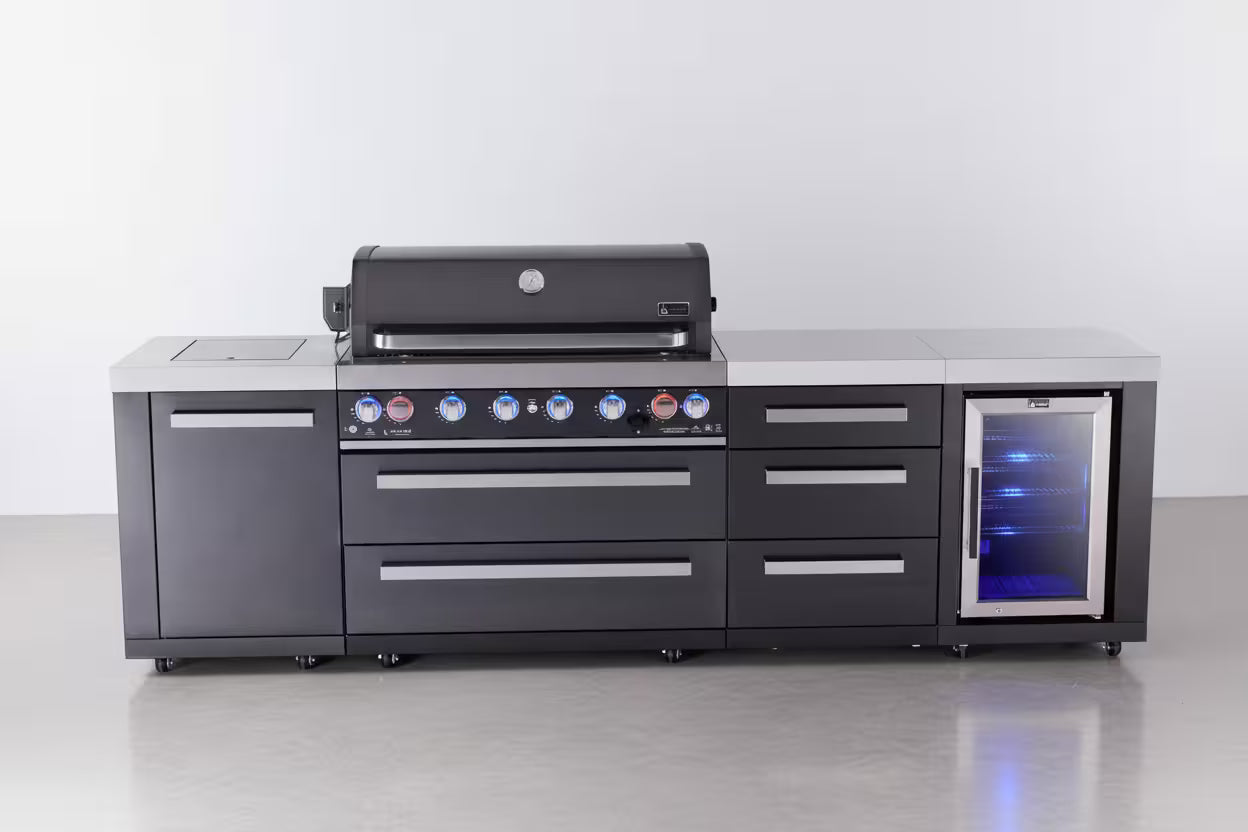Mont Alpi 6-burner black series outdoor kitchen island with extra storage cabinet and corner fridge module - Mont Alpi Canada