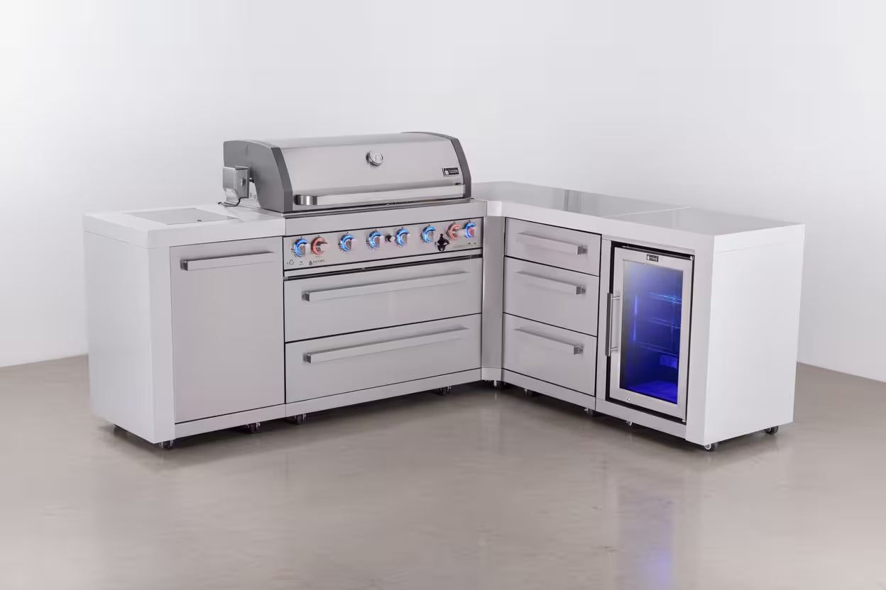 Mont Alpi 6-burner L-shaped deluxe series outdoor kitchen island with corner fridge and extra drawer slides cabinet module - Mont Alpi Canada