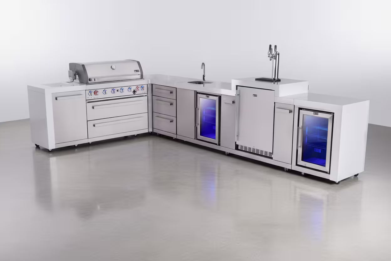 Mont Alpi 6-burner L-shaped deluxe series outdoor kitchen island with beverage center, kegerator and corner fridge module plus extra drawer slides cabinet - Mont Alpi Canada