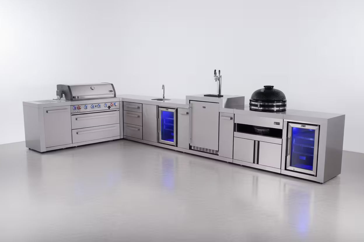 Mont Alpi 6-burner L-shaped deluxe series outdoor kitchen island with beverage center, kegerator, kamado and corner fridge module plus extra drawer slides cabinet - Mont Alpi Canada