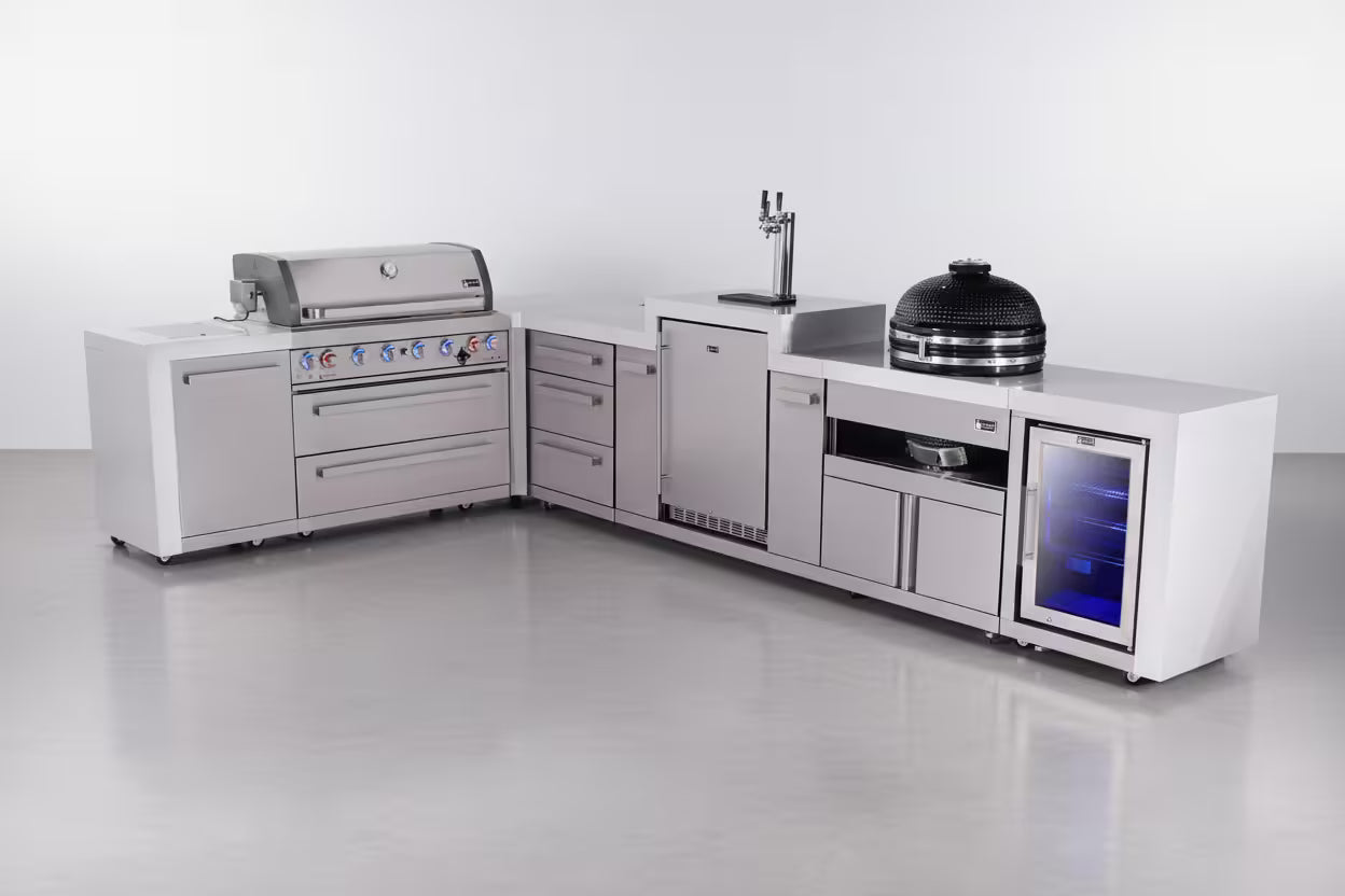 Mont Alpi 6-burner L-shaped deluxe series outdoor kitchen island with kegerator, kamado and corner fridge module plus extra drawers slide cabinet - Mont Alpi Canada