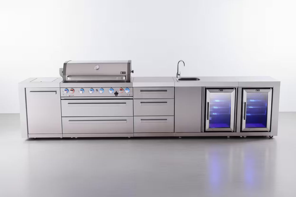 Mont Alpi 6-burner deluxe series outdoor kitchen island with beverage center and corner fridge module plus extra drawer slides cabinet - Mont Alpi Canada