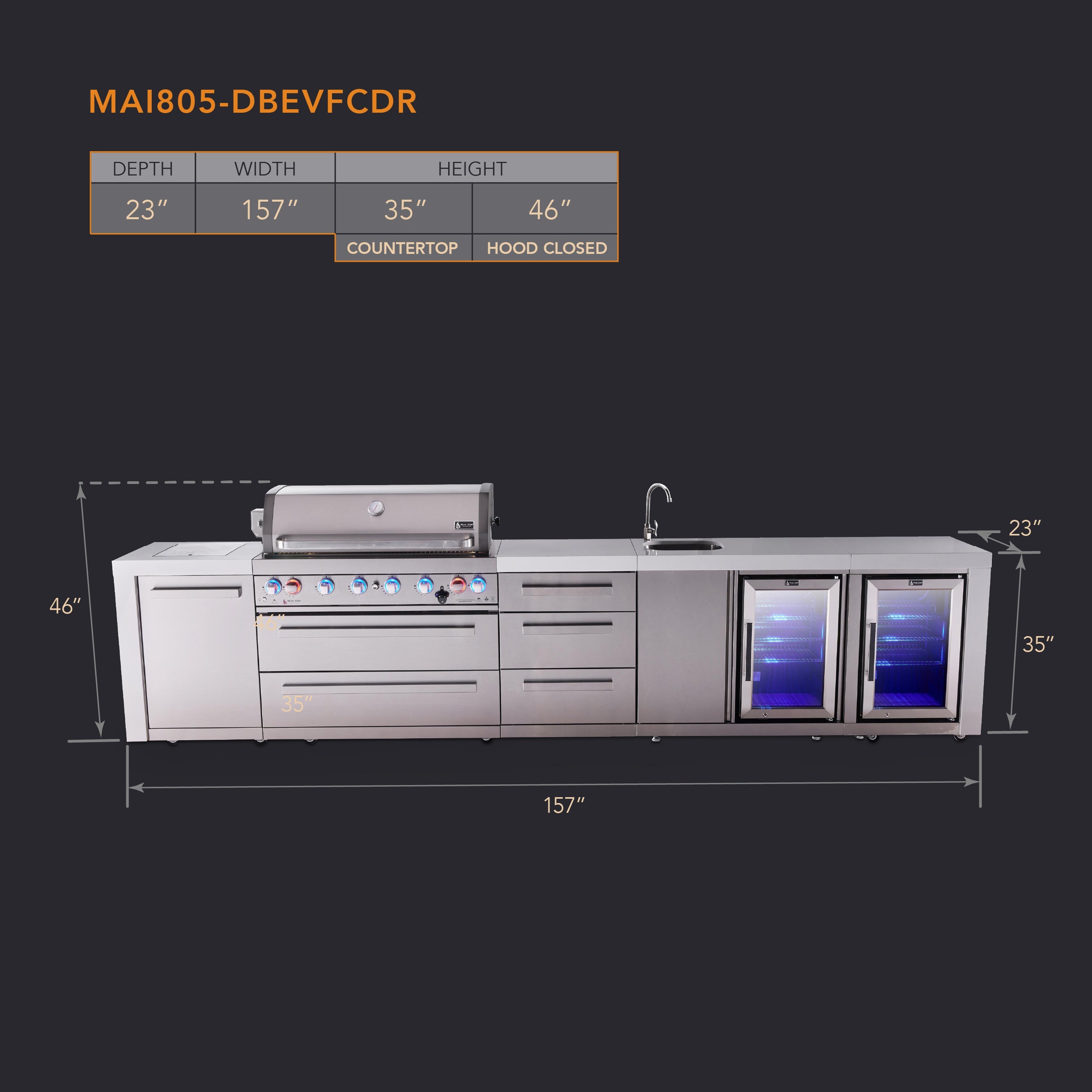 Mont Alpi 6-burner deluxe series outdoor kitchen island with beverage center and corner fridge module plus extra drawer slides cabinet - Mont Alpi Canada