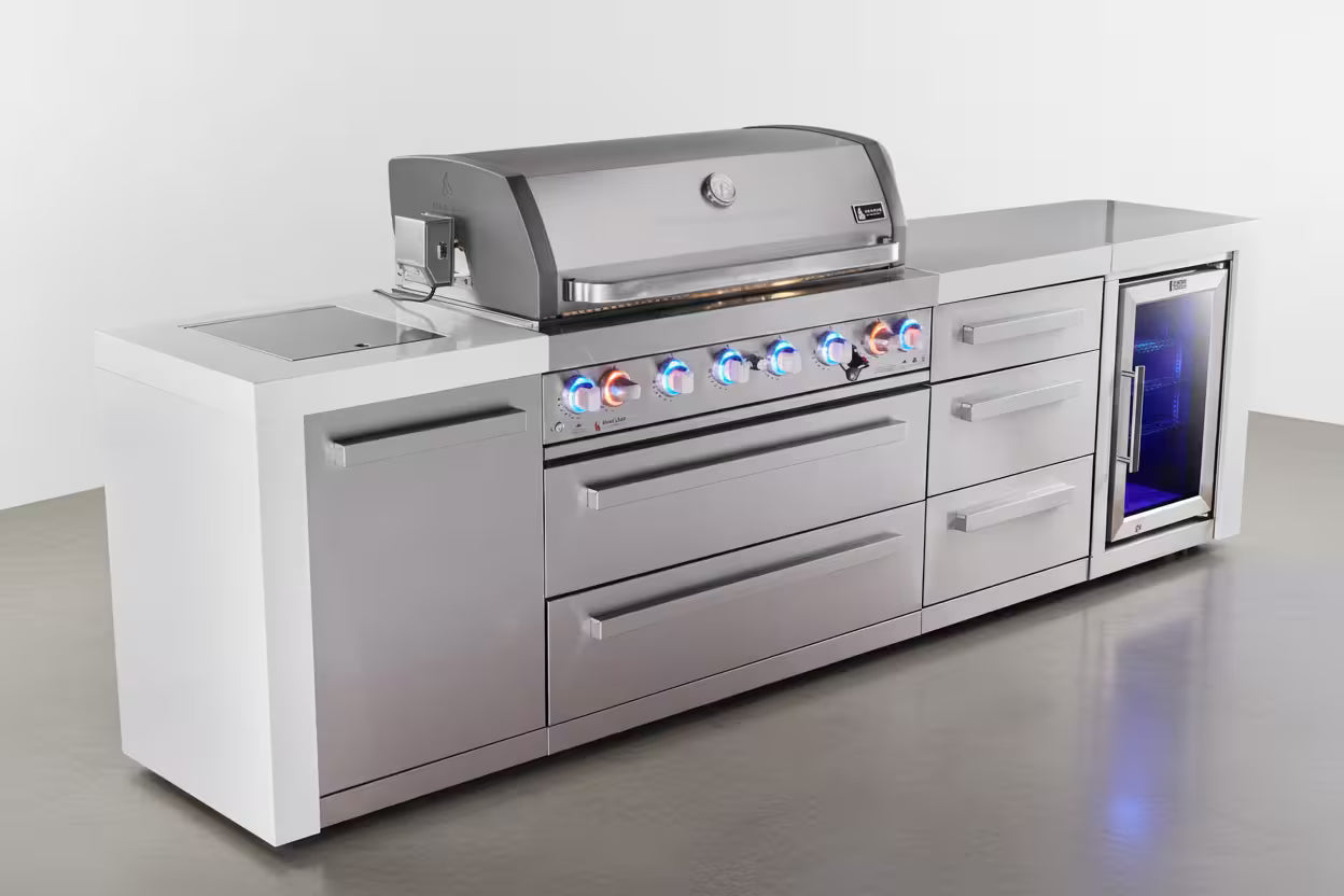 Mont Alpi 6-burner deluxe series outdoor kitchen island with fridge and extra drawer slides cabinet module - Mont Alpi Canada
