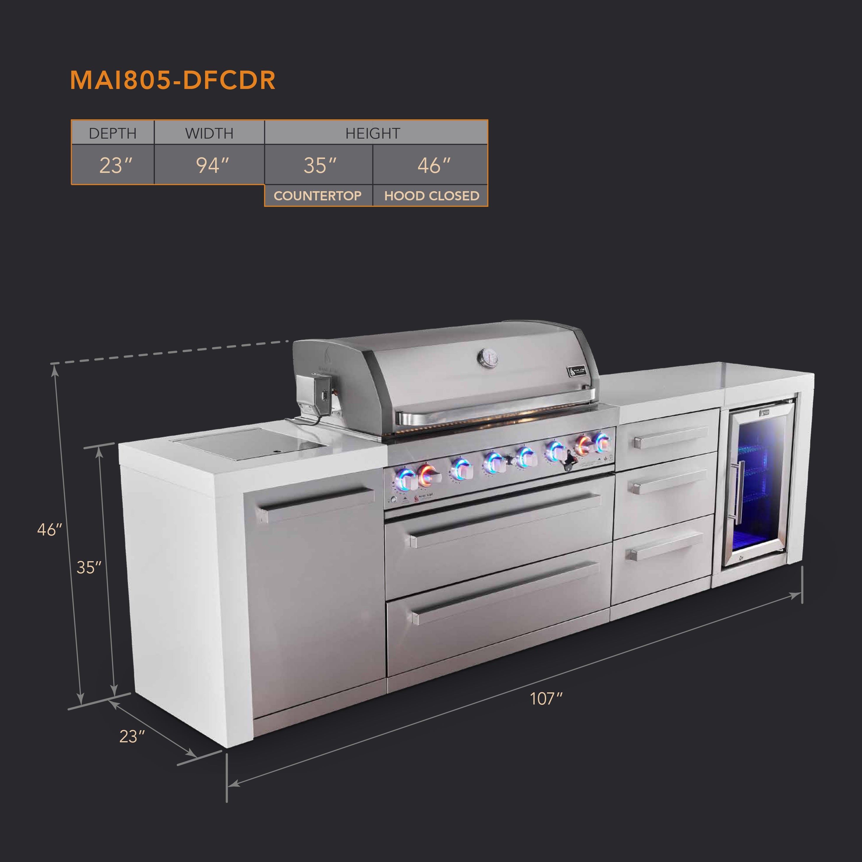 Mont Alpi 6-burner deluxe series outdoor kitchen island with fridge and extra drawer slides cabinet module - Mont Alpi Canada