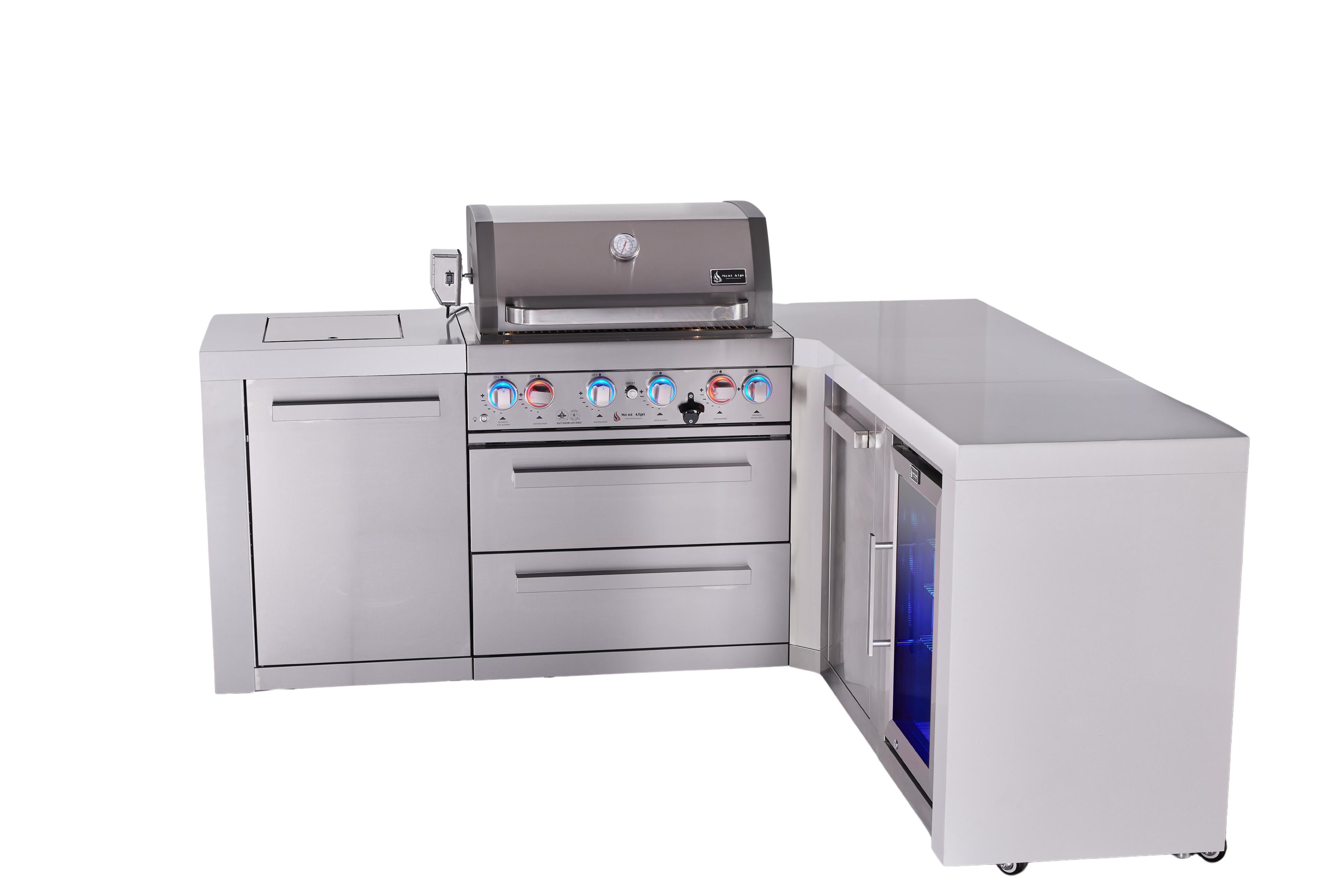 Mont Alpi 4-burner L-shaped deluxe series outdoor kitchen island with fridge and extra storage cabinet module - Mont Alpi Canada