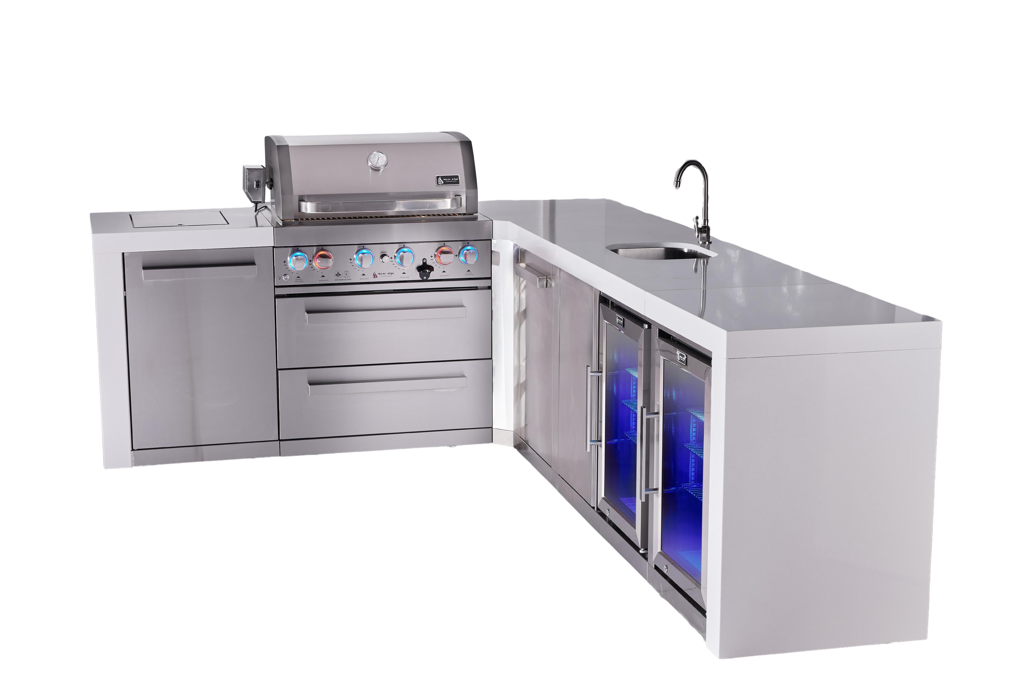 Mont Alpi 4-burner L-shaped deluxe series outdoor kitchen island with beverage center and corner fridge module plus extra storage cabinet - Mont Alpi Canada