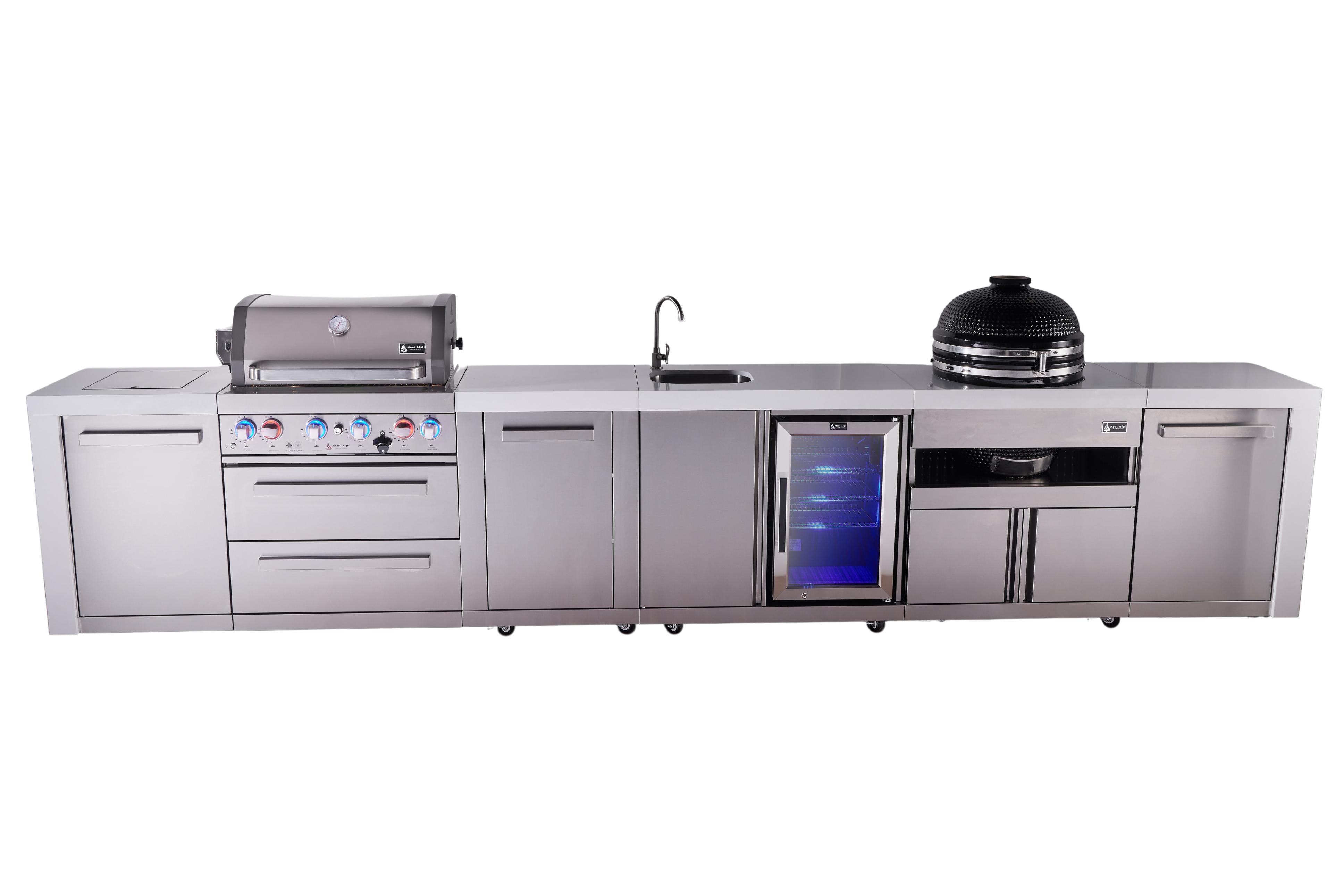 Mont Alpi 4-burner deluxe series outdoor kitchen island with beverage center and kamado module plus extra storage cabinet - Mont Alpi Canada