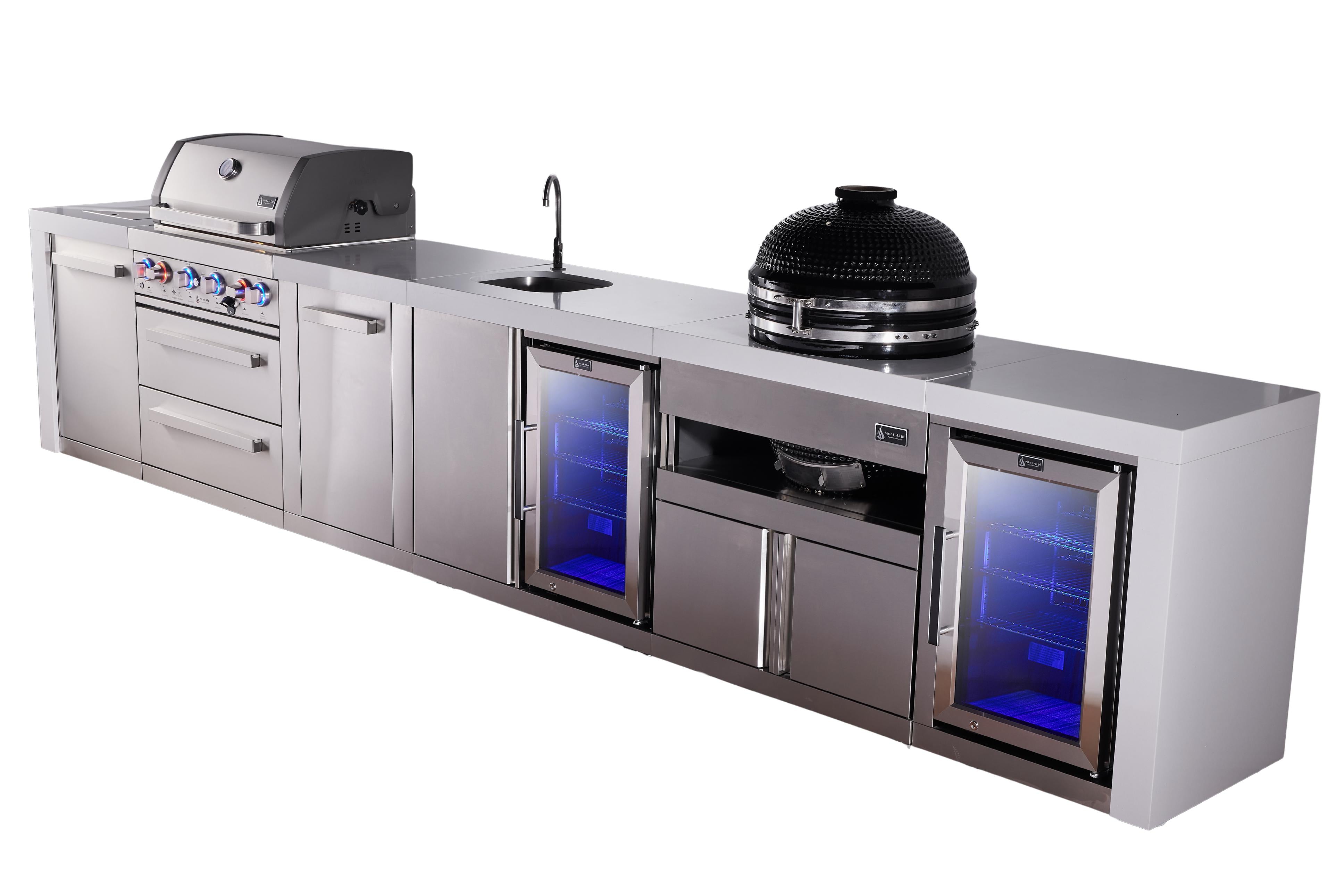 Mont Alpi 4-burner deluxe series outdoor kitchen island with beverage center, kamado and corner fridge module plus extra storage cabinet - Mont Alpi Canada