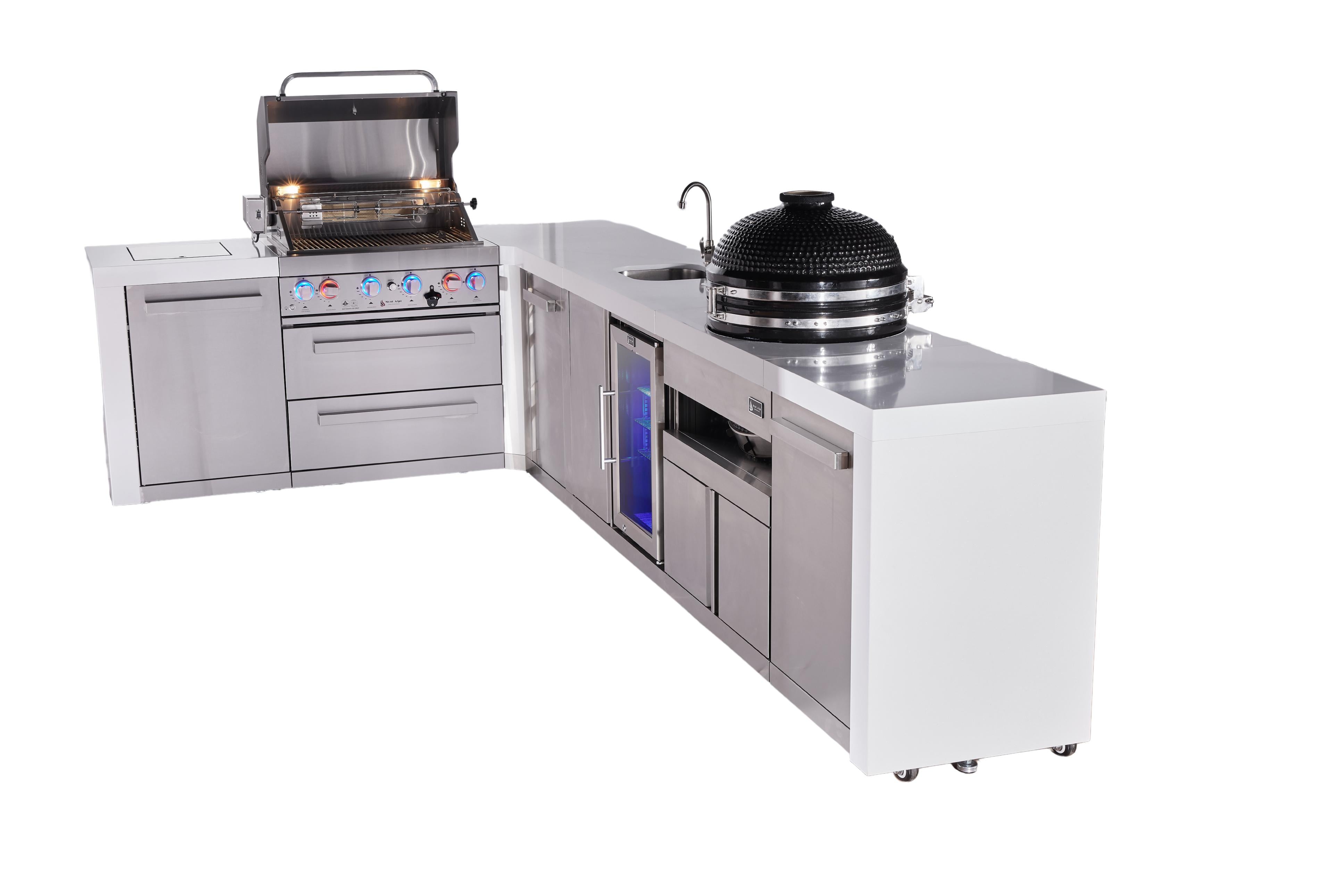 Mont Alpi 4-burner L-shaped deluxe series outdoor kitchen island with beverage center and kamado module plus extra storage cabinet - Mont Alpi Canada