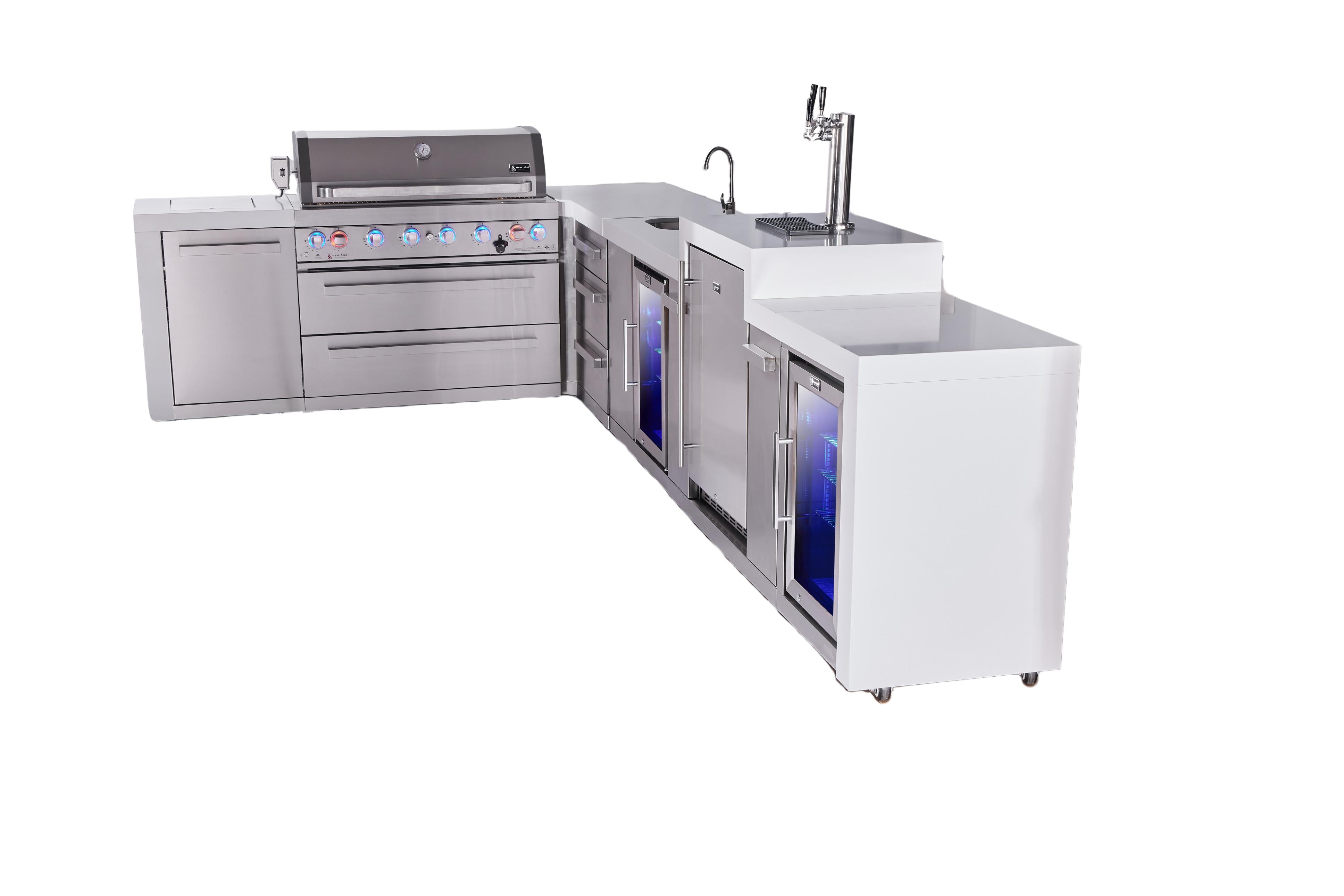Mont Alpi 6-burner L-shaped deluxe series outdoor kitchen island with beverage center, kegerator and corner fridge module plus extra drawer slides cabinet - Mont Alpi Canada